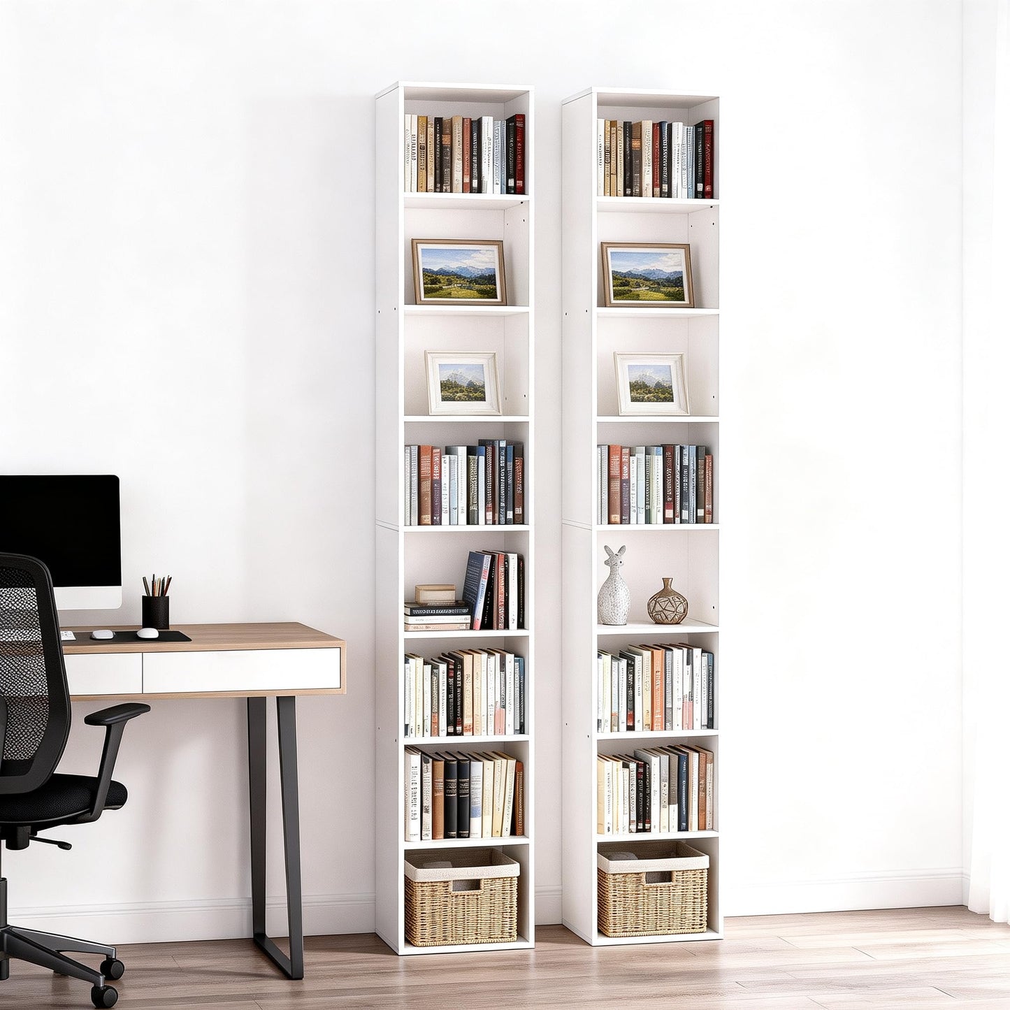 NewBeth 8-Cube Storage Organizer Bookcase, White, Tall Narrow Bookshelf for Home Office (White)
