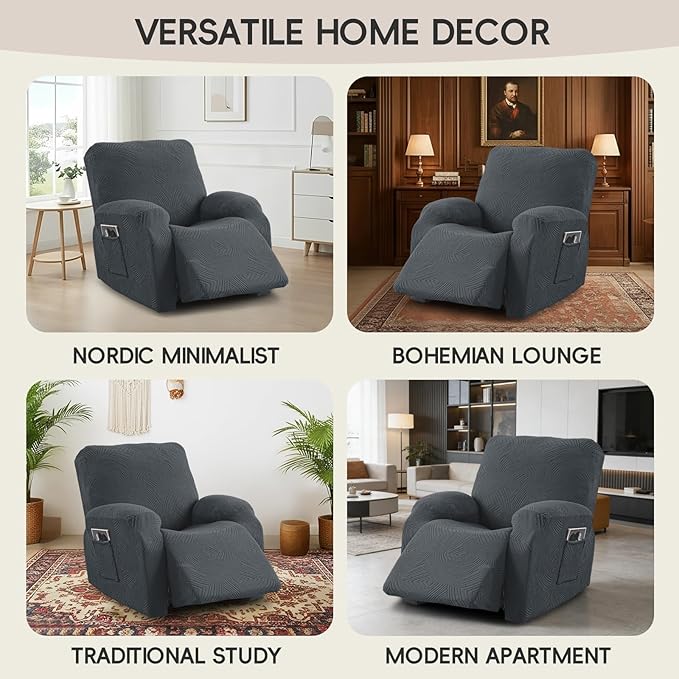 Oversized Recliner Chair Covers, 4-Piece Stretch Geometric Strokes Jacquard