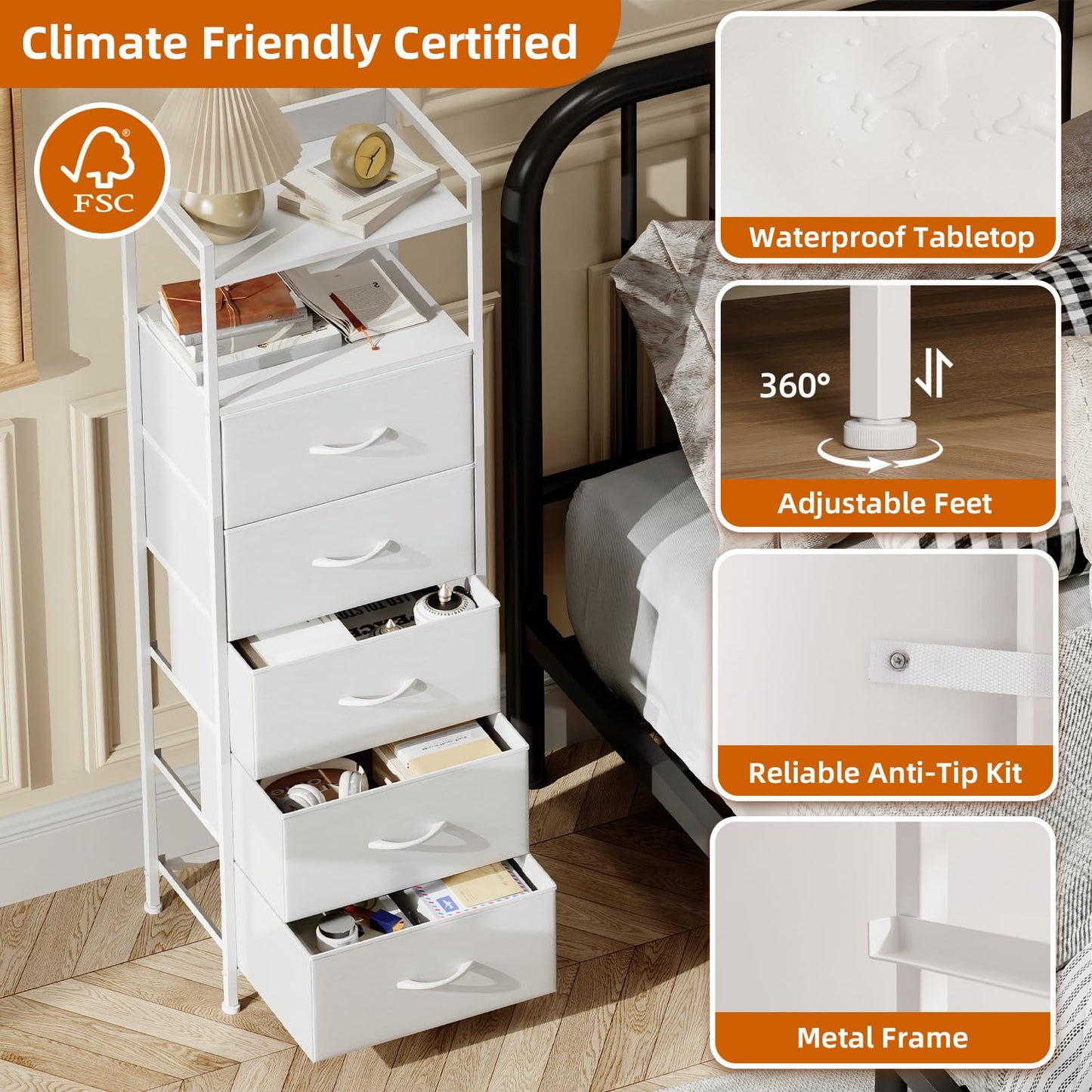 Somdot Tall Dresser for Bedroom, 5 Drawers Nightstand Vertical Storage Tower Unit, Night Stand Furniture with Fabric Drawer Organizer in Bedside Hallway, Entryway, Kids Room, Closet, White Leather