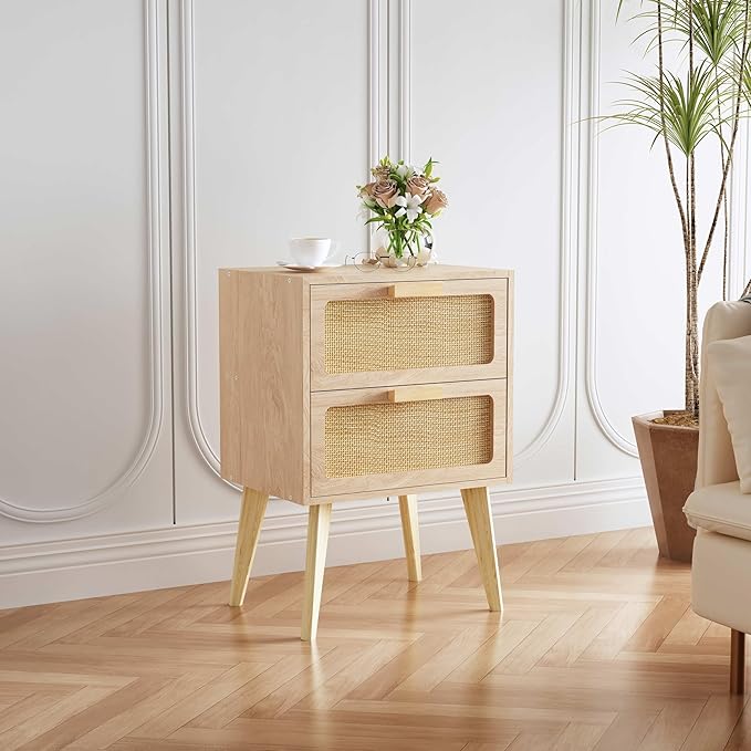 YAUKOMEL Rattan Nightstand, Wood End Table, Side Table