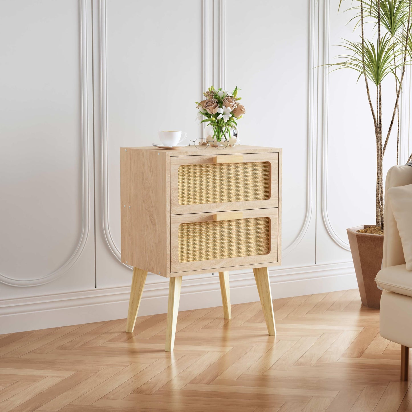 YAUKOMEL Rattan Nightstand, Wood End Table, Side Table with 2 Hand Made Rattan Decorated Drawers,Boho Bedside Table,Wood Accent Table with Storage for Livingroom, Bedroom, Natural CTG59Y
