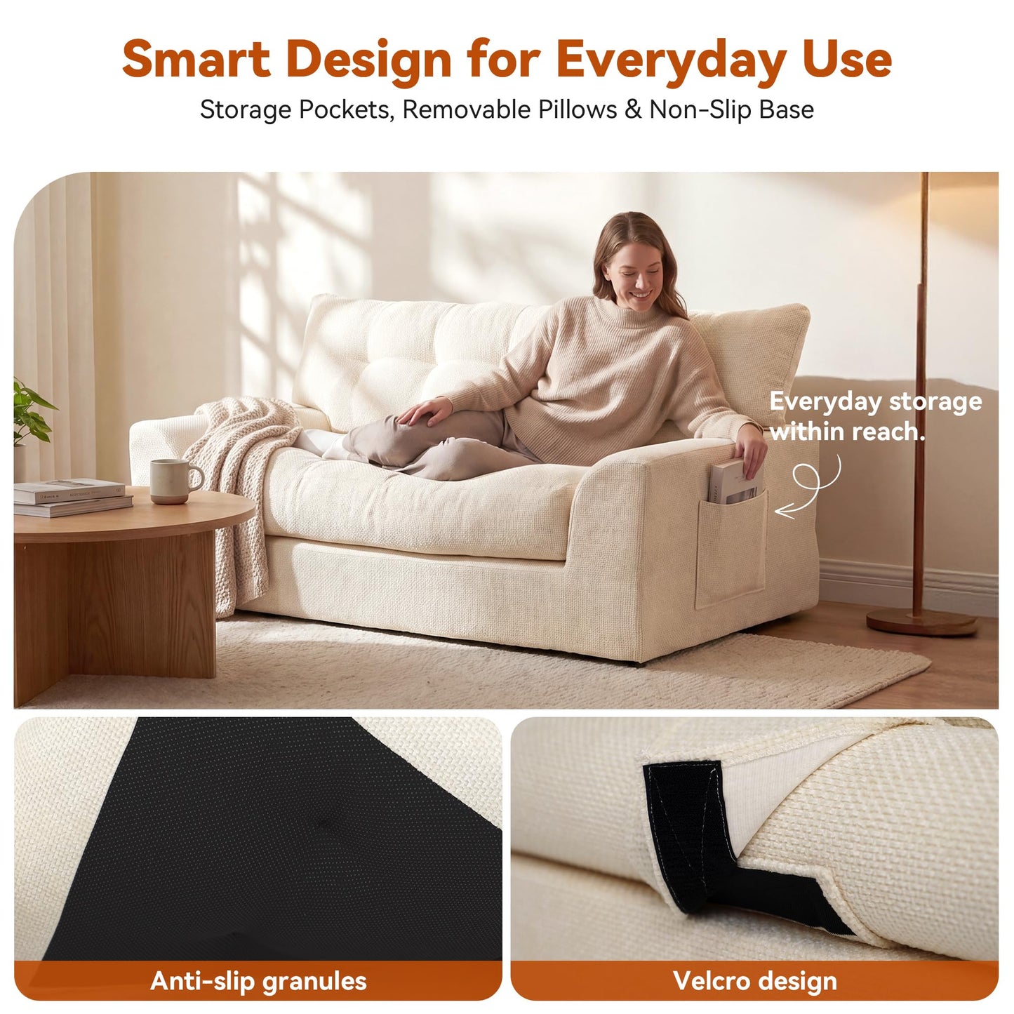 MONVANE 55.5" Convertible Loveseat Sofa Bed, 2-in-1 Boneless Sleeper Sofa Couch with Storage Pocket, Comfy Chenille Deep Seat Couch for Living Room, No Assembly Required, Beige