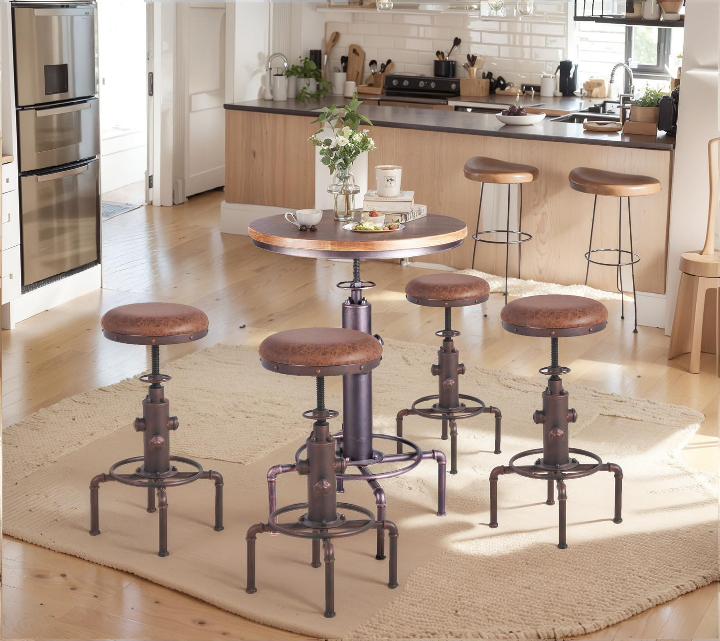 Topower Antique Vintage Industrial Barstool PU Leather Water Pipe Fire Hydrant Design Cafe Coffee Industrial Bar Stool Set of 2 Red Bronze