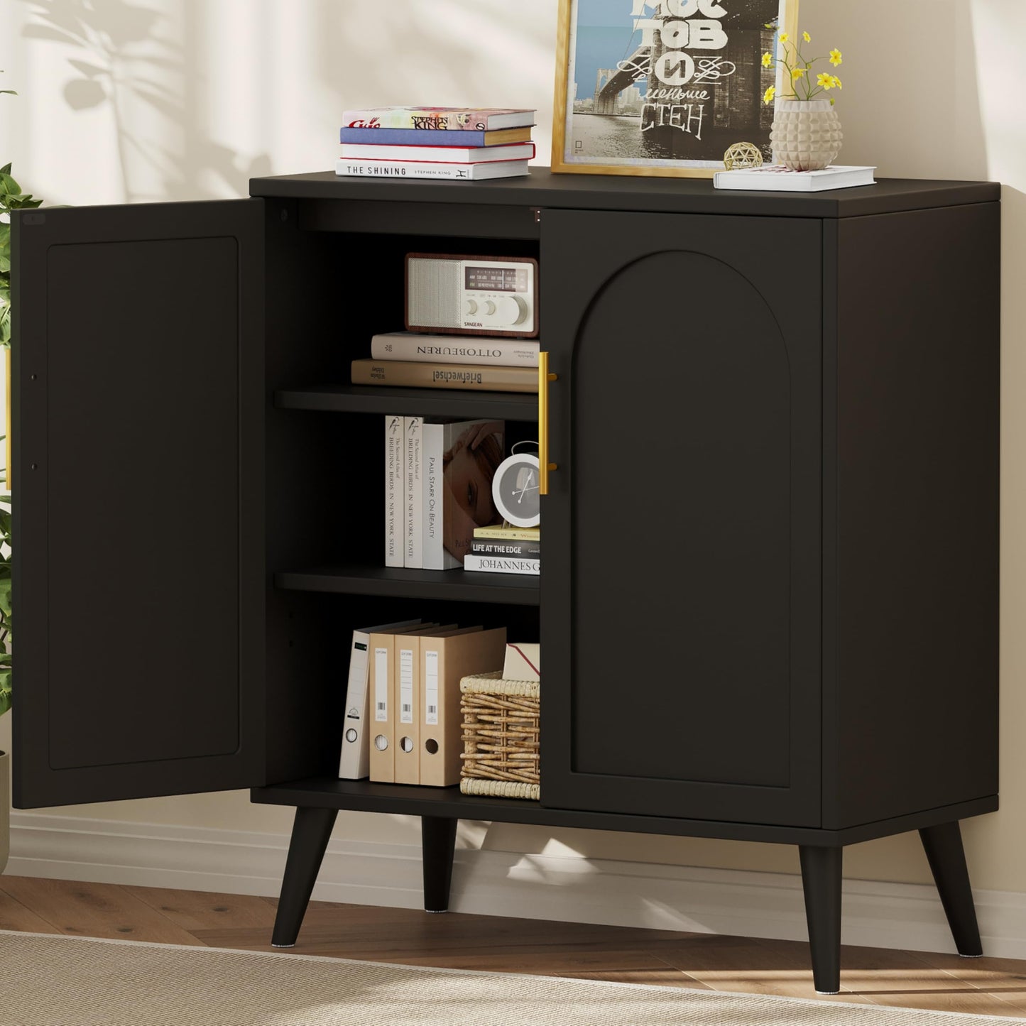 Keehusux 15.7" D Black Buffet Cabinet with Storage, Accent Buffet Sideboard with Adjustable Shelf and Solid Wood Legs, Modern Floor Storage Cabinet for Kitchen, Living Room, Black