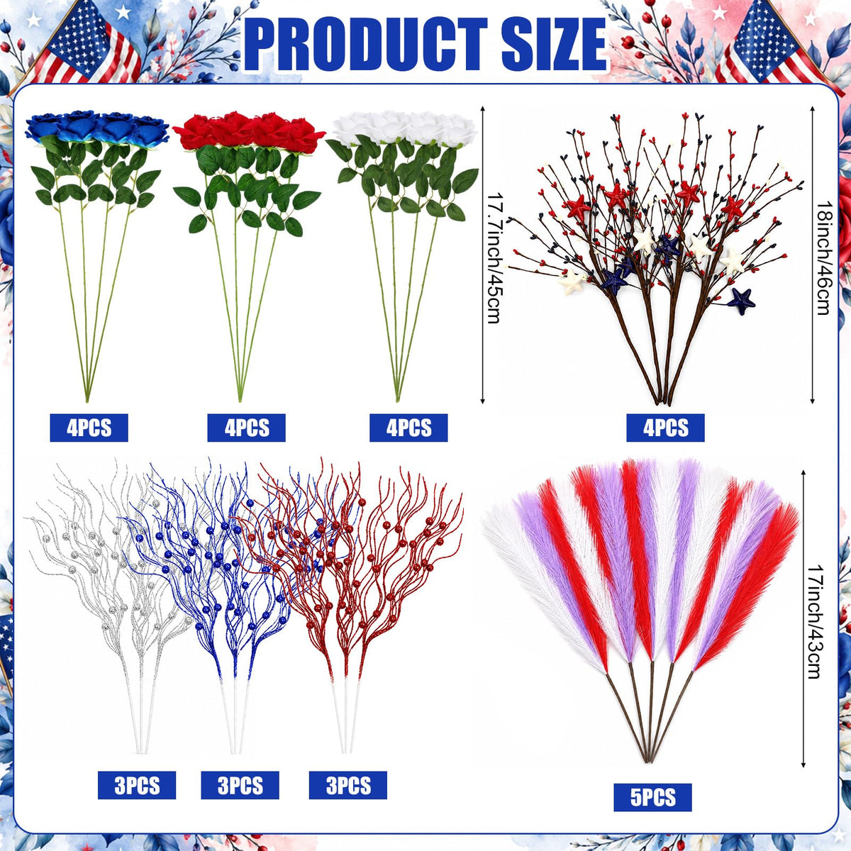 Juinte 30pcs Patriotic Artificial Flower, Red White Blue Faux Roses with Star Berry Picks and Pampas Grass for 4th of July Centerpieces and Independence Day Decor