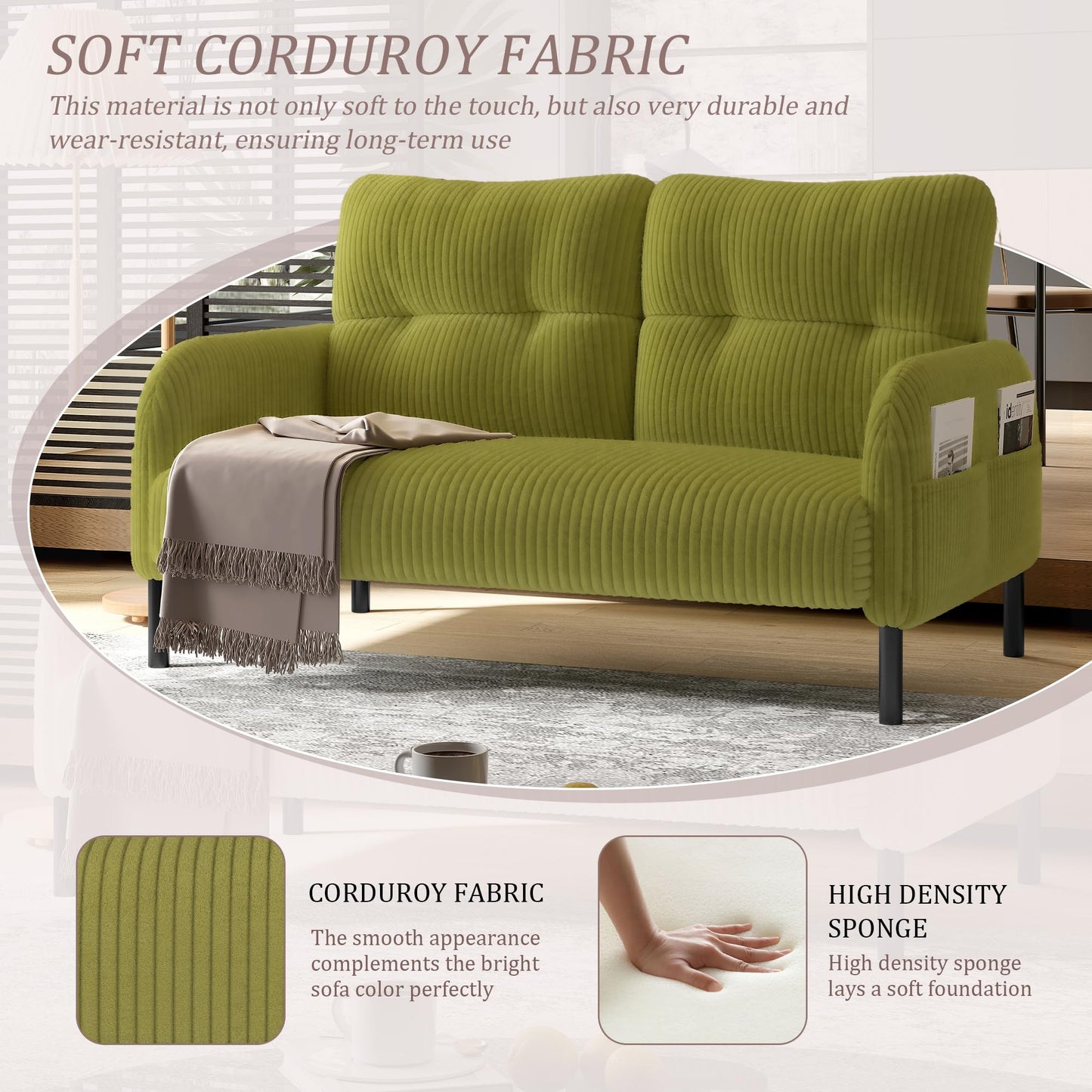 KEIKI 47" Corduroy Loveseat Sofa with Double Side Pockets & High Resilience Cushion, Modern Style Ergonomic Design Upholstery Oversized 2-Seater Couch, Easy Assembly, for Living Room, Olive Green