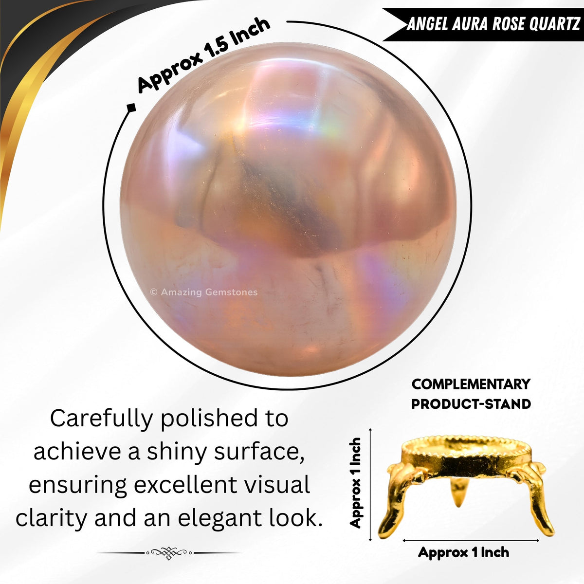 Amazing Gemstone Angel Aura Rose Quartz Crystal Ball with Stand - 1.5" Inches Crystal Sphere Meditation Balls for Witchcraft and Decorative Balls
