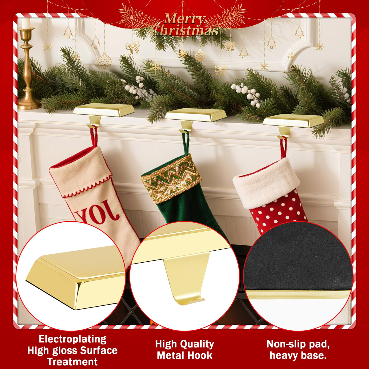 Doitory Christmas Stocking Holder Hanger for Mantle,4 Pack for Xmas Decorations Lightweight and Adjustable for Fireplace Home Decoration