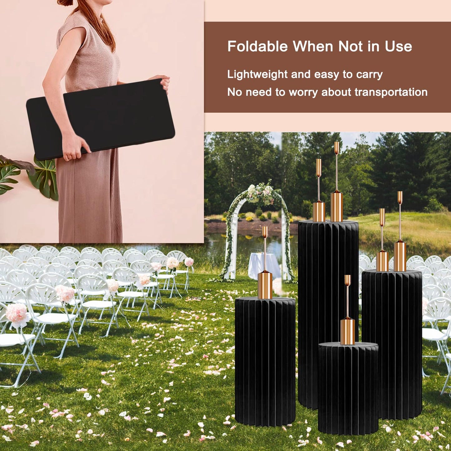 OYKSHDF 4Pack Cylinder Stands for Party, Foldable Cardboard Columns with 4 Clear Round Top Plates, Cake Display Pedestal Stand for Wedding Banquet Vendor Events Decorative (Black)