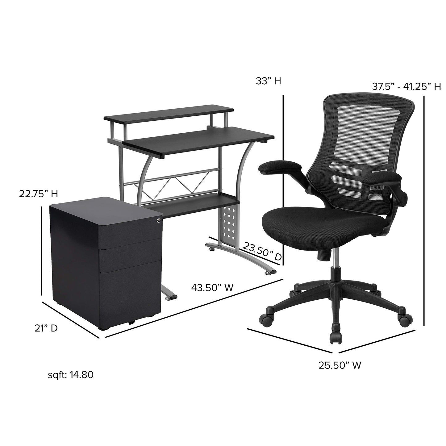 Flash Furniture Calder Work From Home Kit - Black Computer Desk, Ergonomic Mesh Office Chair and Locking Mobile Filing Cabinet with Side Handles