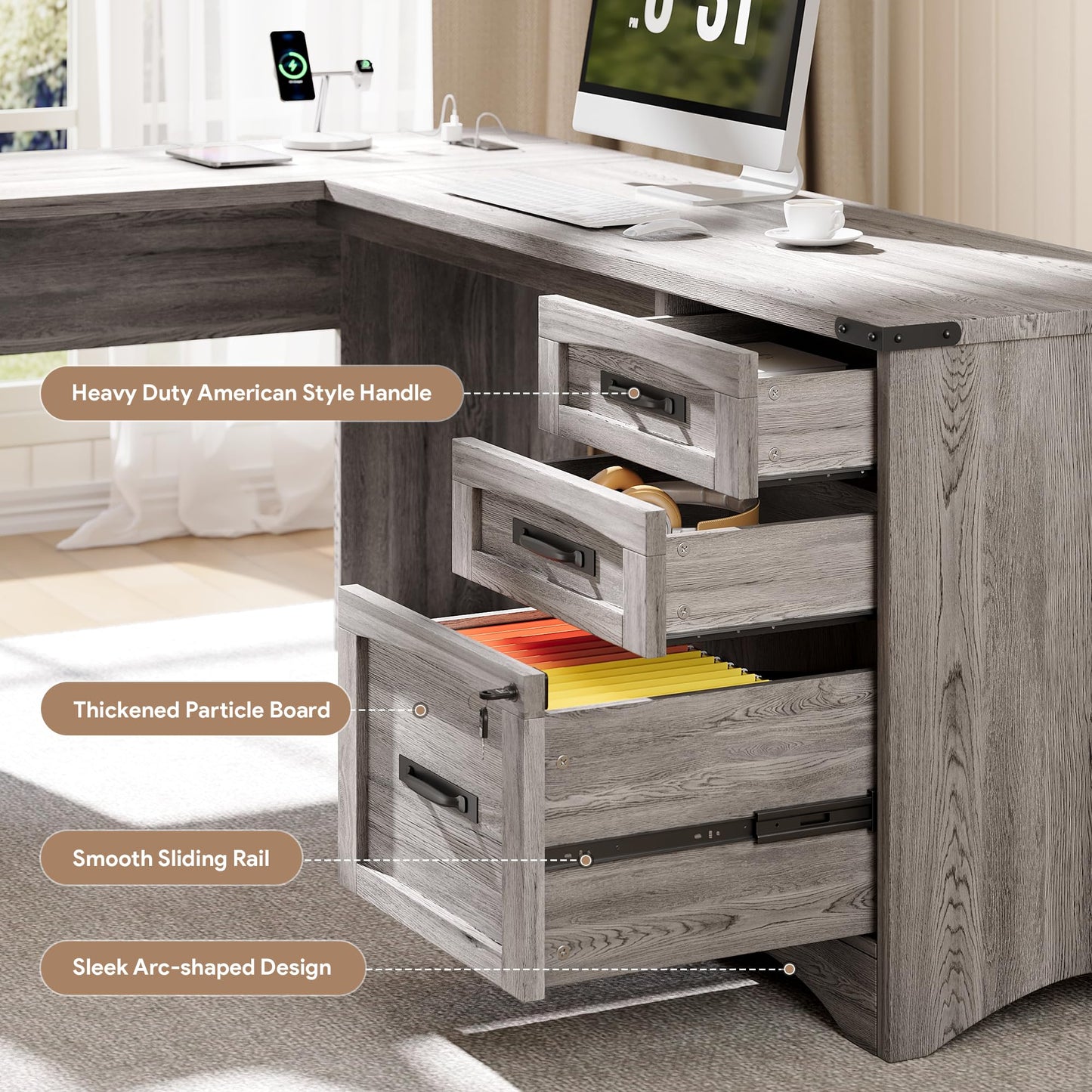 OneBlis Farmhouse 67" L Shaped Executive Desk with Drawers, Wood Home Office Corner Desk with Power Outlets, Lockable File Cabinet, Rustic Computer Writing Desk for Home Office, Grey