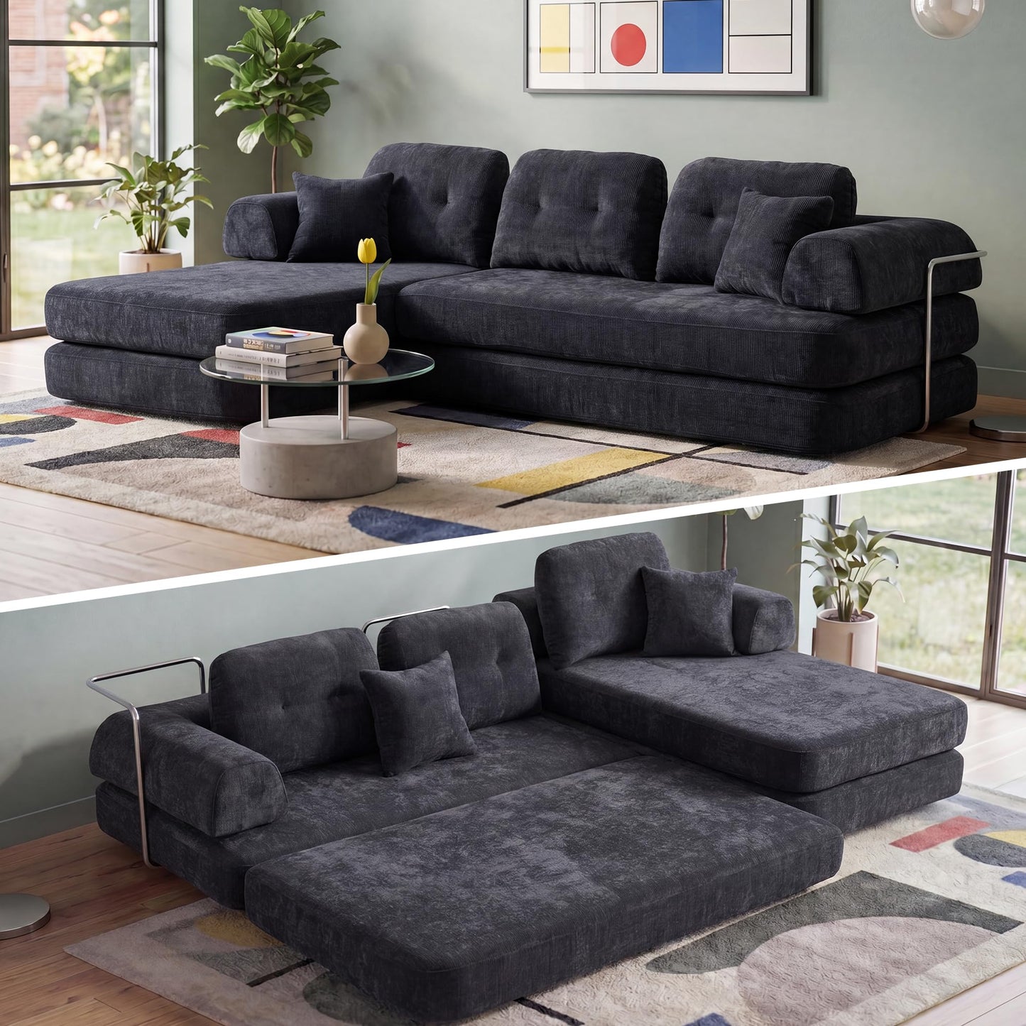YasuSoofa Boneless Sectional Couch with Chaise, Convertible L-Shape Floor Sleeper with High Headrest, Modular Sofa Bed for Living Room Apartment, No Assembly, Gray