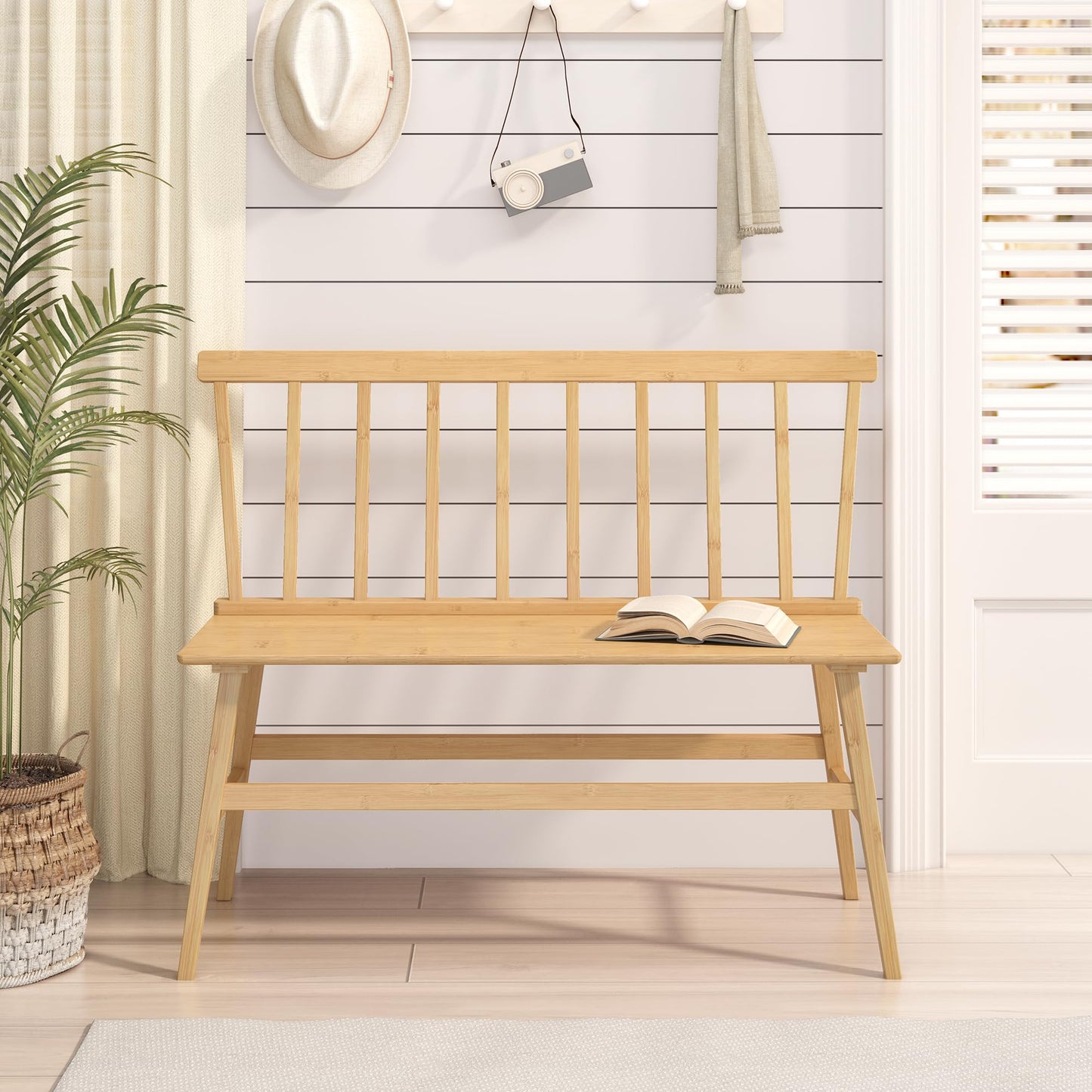 Wisuce Essentials Bamboo Dining Bench, Entryway Bench with Spindle Back Farmhouse Wood Windsor for Foyer Balcony Living Room (Nature)
