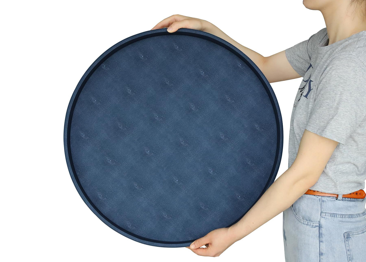 HofferRuffer Large Round Serving Tray 24'', Elegant Faux Leather Circle Ottoman Table Tray, Serve Tea Coffee Breakfast in Bedroom Living Room Kitchen (Blue)