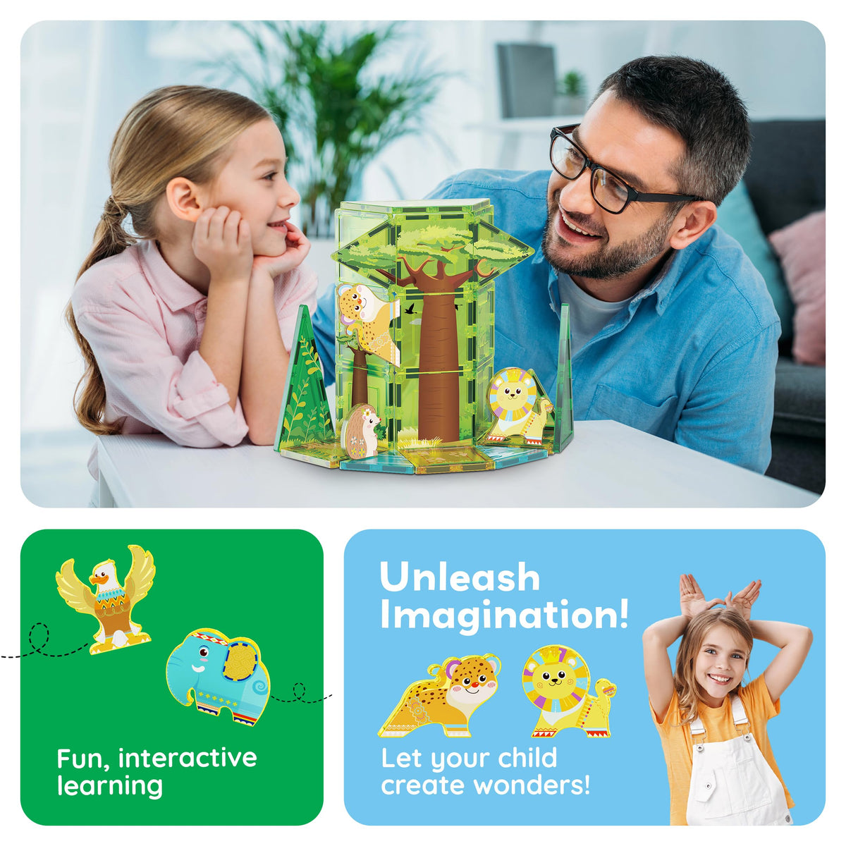 PicassoTiles Magnet Tile Building Block Safari Themed Set with 8 Compatible Magnetized Animal Action Figures Build Blocks Toddler Creativity Toys STEAM Educational Learning Skills Ages 3+ PTQ12