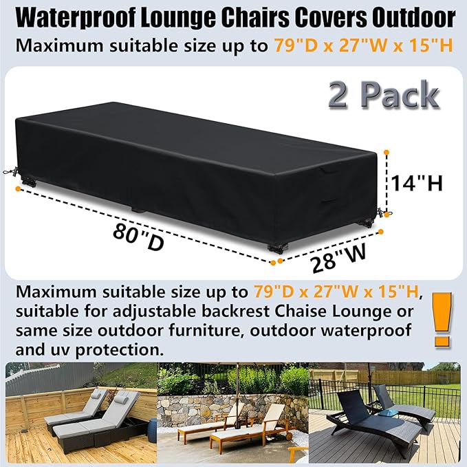 Waterproof Patio Lounge Chair Cover 2 Pack Outdoor Chaise Lounge Covers 600D