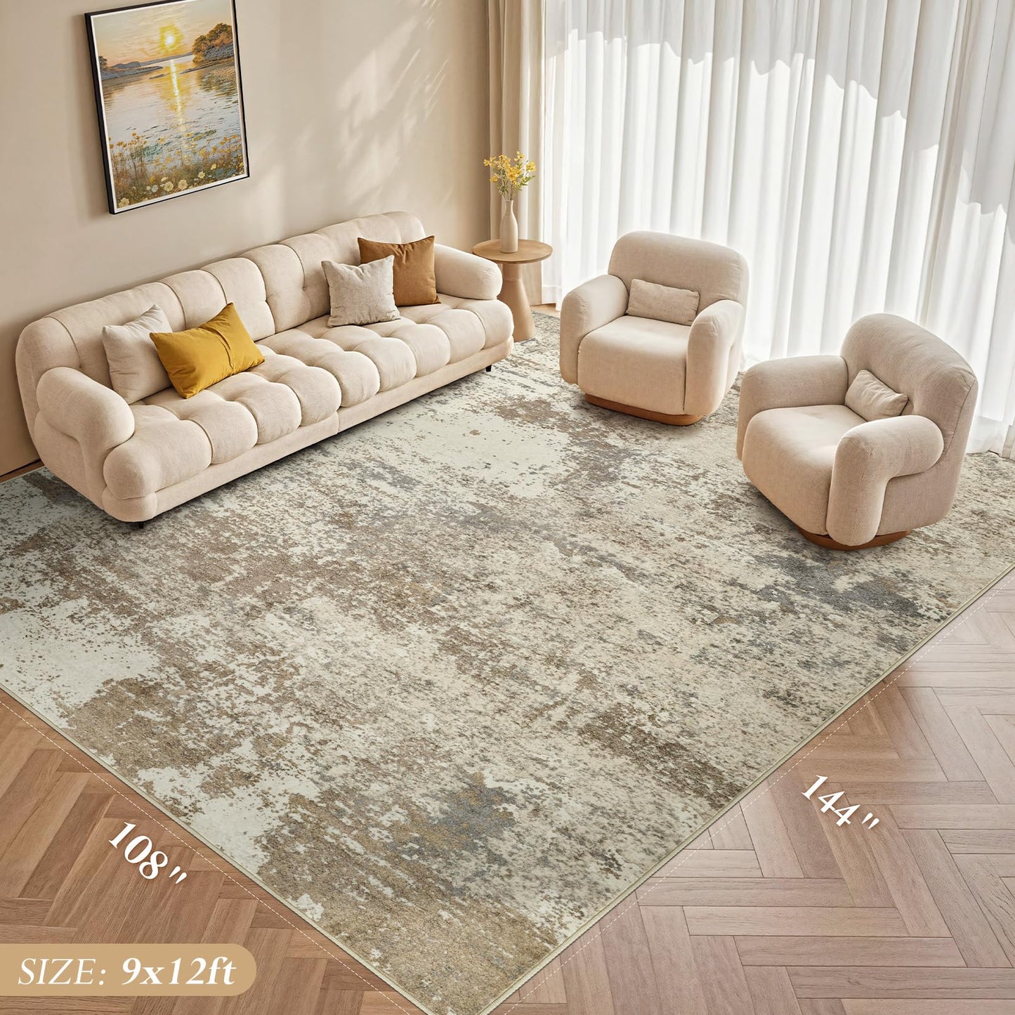 Micgeek Area Rug Living Room - 9X12 Abstract Washable Large Soft Foldable Non Slip Rug Neutral Modern Low Pile Carpet for Bedroom Nursery Dining Room Farmhouse Home Office Indoor - Khaki