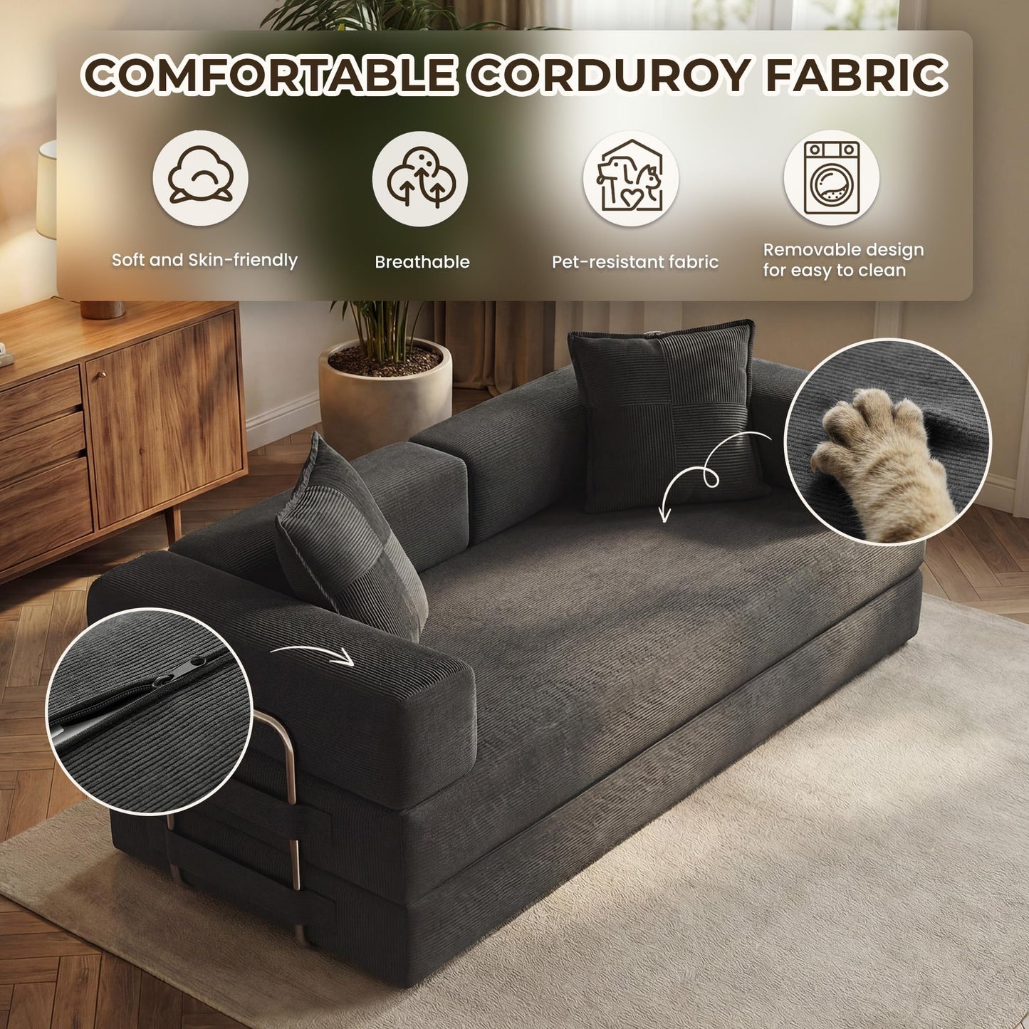 GRUSIGN 78 Inch Convertible Sofa Bed, 5-in-1 Futon Sofa Bed Pull Out Couch, Boneless Couch Bed for Living Room, Corduroy Boneless Couches for Bedroom, Apartment, No Assembly Sleeper Sofa Bed, Gray