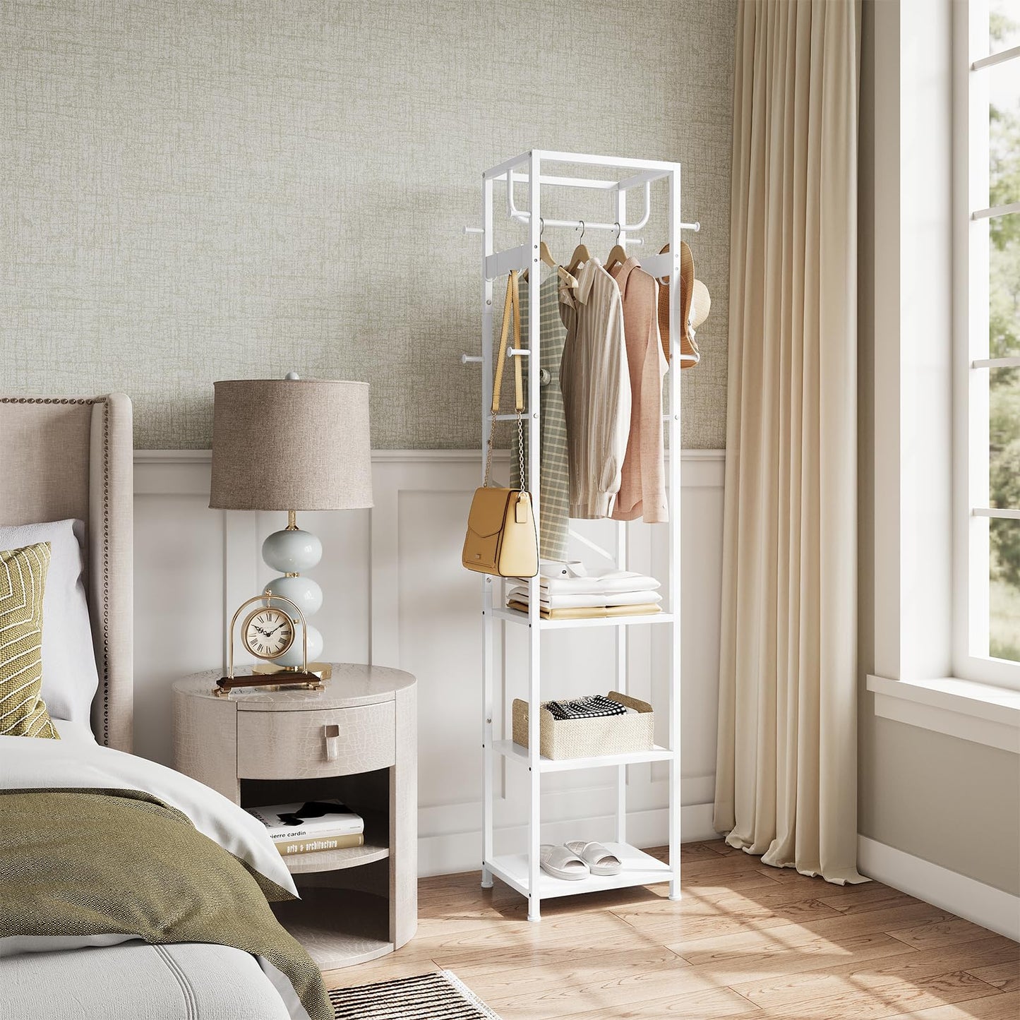 ELYKEN Coat Rack Freestanding, Hall Tree with 3 Storage Shelves and 12 Hooks, Industrial Clothes Rack Stand Organizer for Bedroom, Hallway, Entryway, Office, Living Room, White