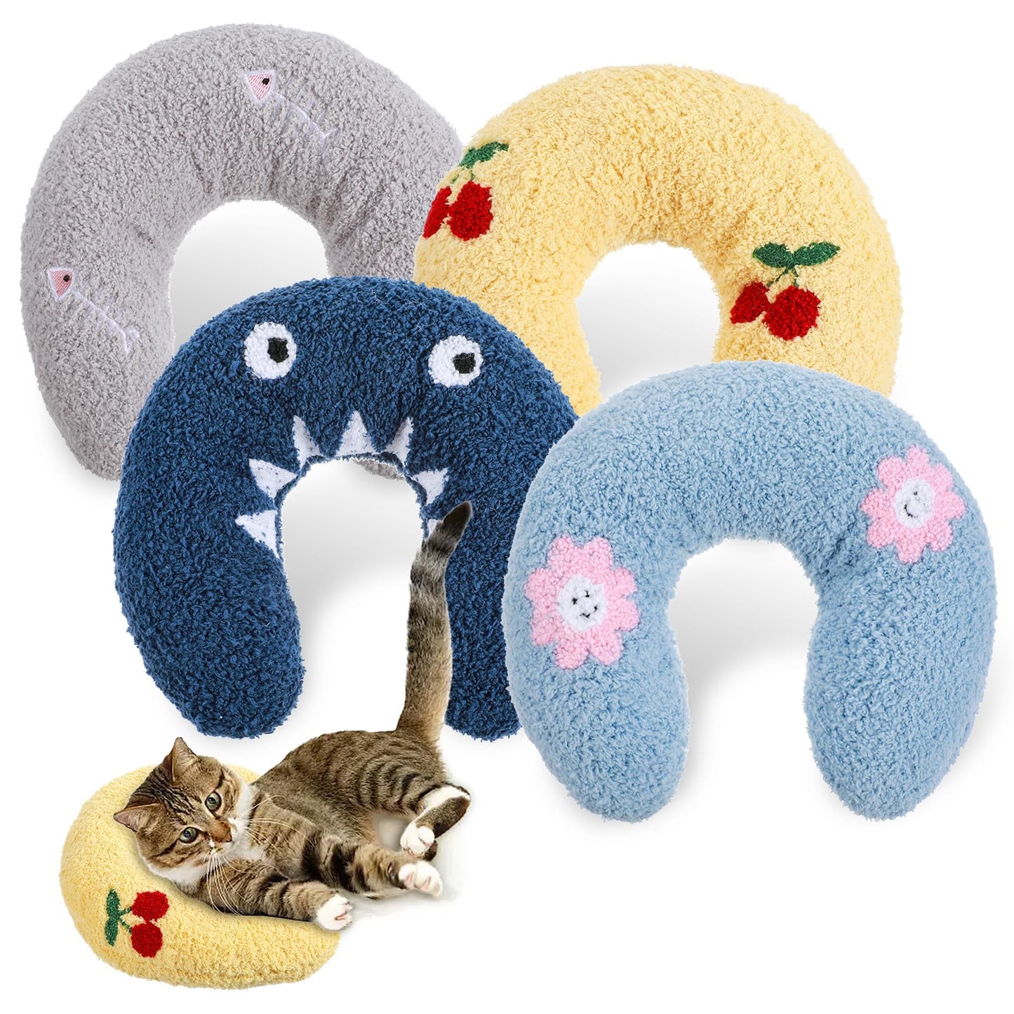AojSup 4 Pcs Pillows for Cats Puppy Bed, Soft Fluffy Pet Calming Toy, Half Donut U Shaped Pet Neck Pillow, Training Toy Joint Relief Cervical Protection (4 Patterns)