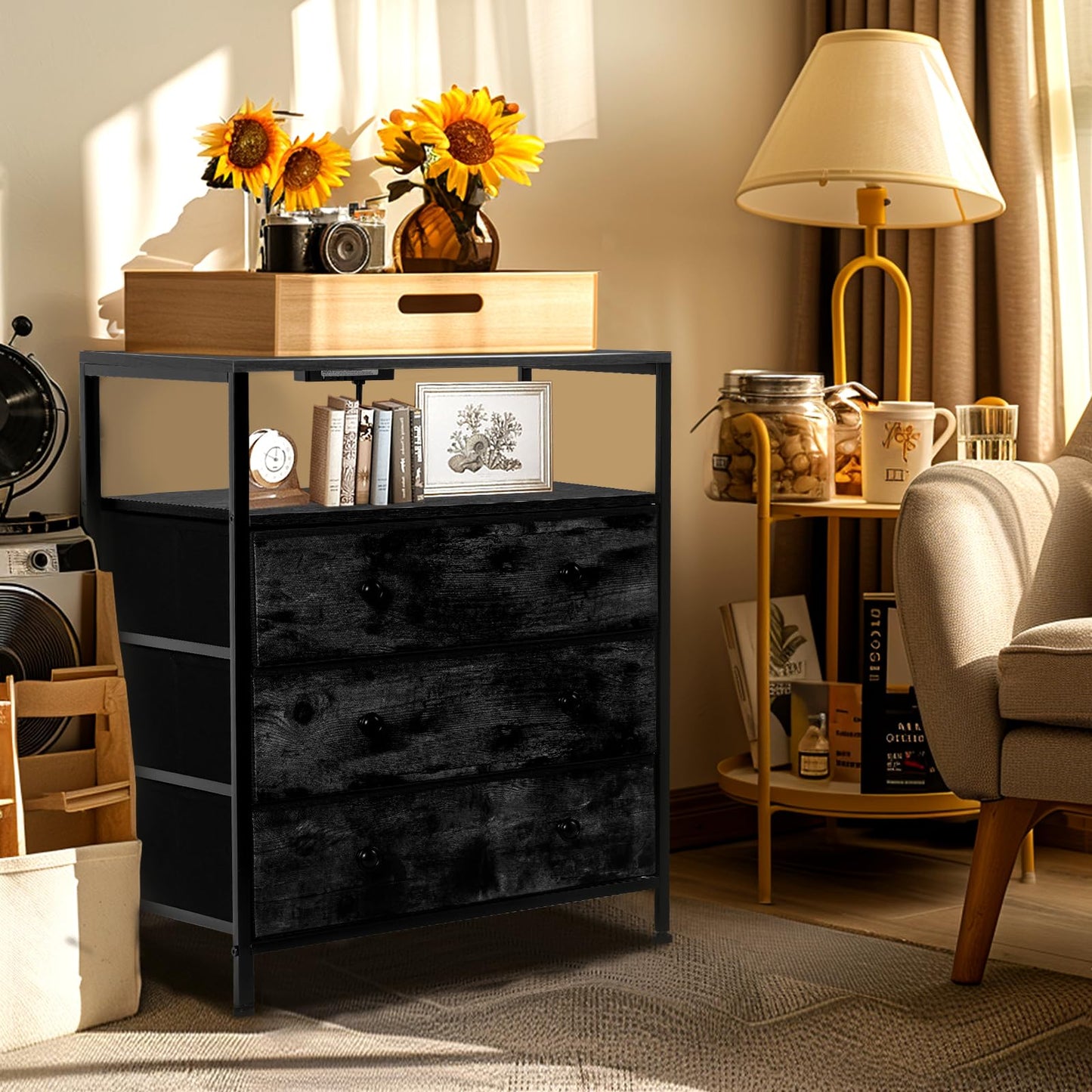 PATAVOT 3 Drawers Dresser with Charging Station, 24 Inch Wide LED Night Stand with Adjustable Fabric Drawer, Nightstand with Storage Shelf for Living Room/Bedroom/Office, Black.