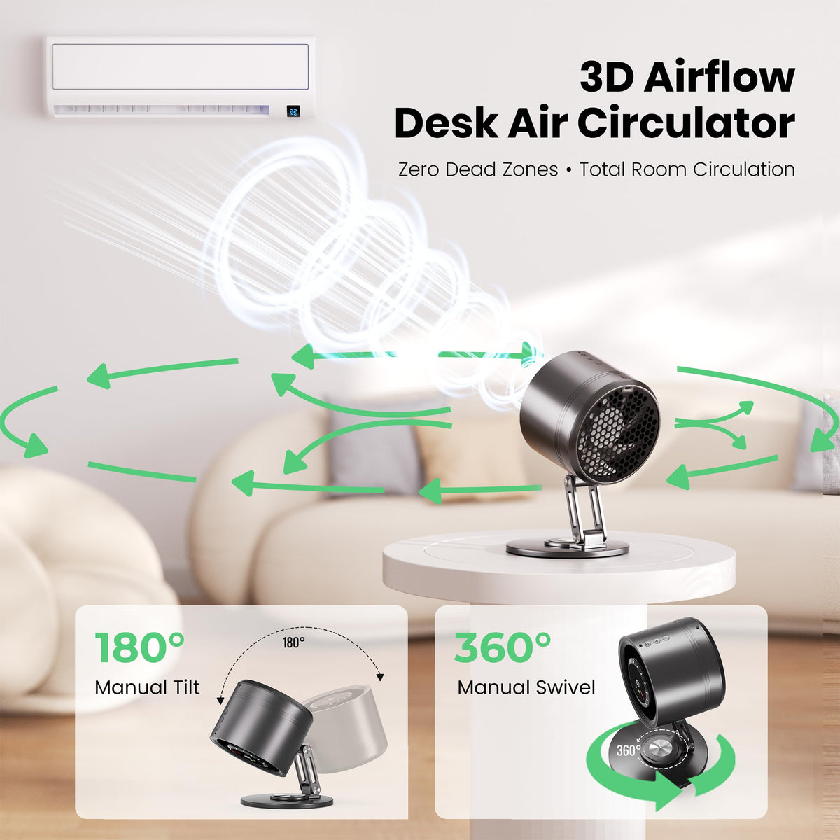 Yibest Titanium Alloy USB Desk Fan, Foldable 3D Airflow Desk Air Circulator, 23dB Quiet BLDC Motor,10 Speeds with LED Display for Home, Office & Outdoor