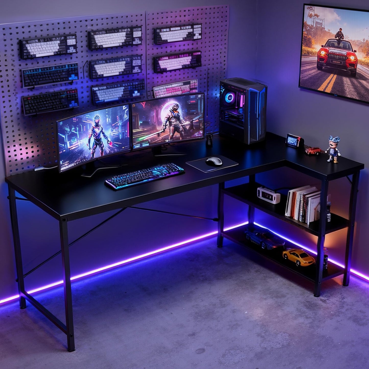 DUMOS L Shaped Desk 47 Inch Computer Corner Gaming Desks for Home Office PC Table with Reversible Storage Shelves for Writing Working Study Bedroom Dorm Modern Black