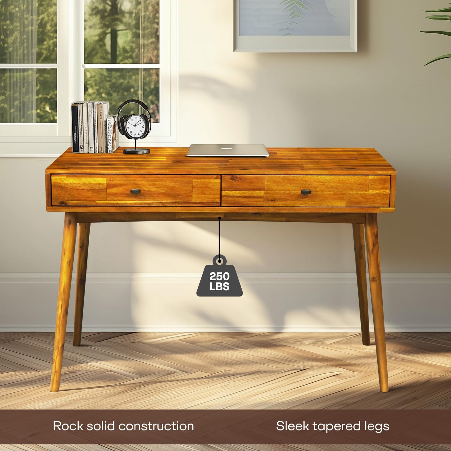 Acacia Lagom 48" Solid Wood Work Desk with Drawers, Office Furniture, Scandinavian Style Work Table for Home Office (Caramel)