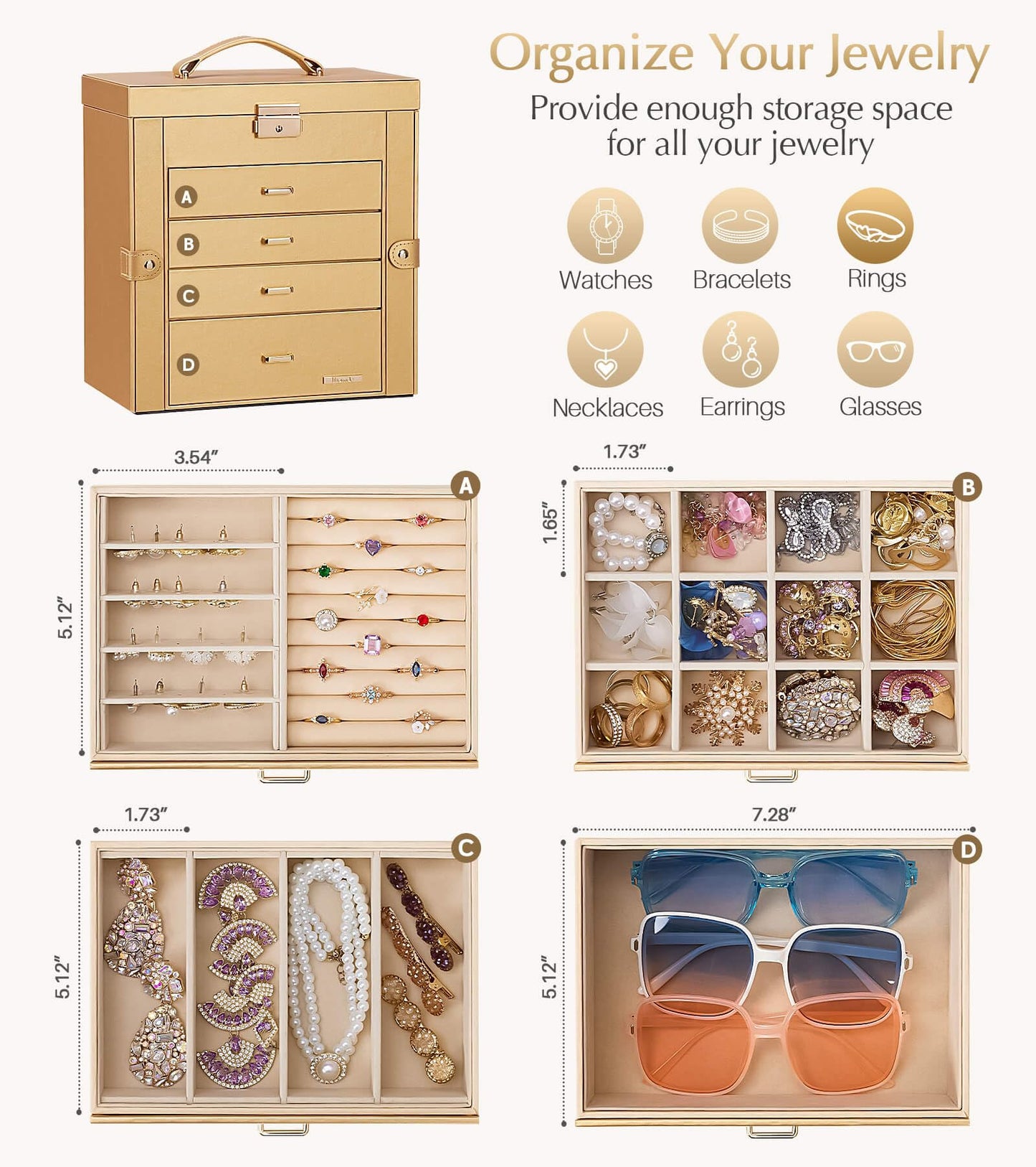Homde Synthetic Leather Huge Jewelry Box Mirrored Watch Organizer Necklace Ring Earring Storage Lockable Gift Case (Gold)