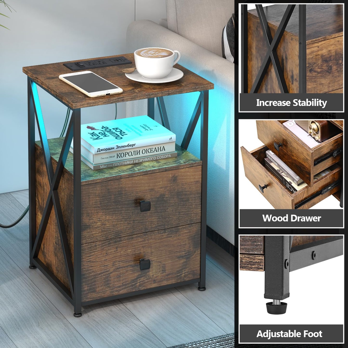 Livofloral Nightstand with Charging Station, LED End Table with Storage, Side Table with USB Ports and Outlets, Bedside Table with Wooden Storage Drawers and Shelves for Bedroom, Living Room, Brown