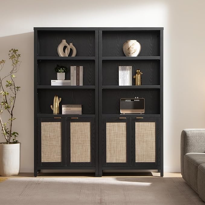 SICOTAS Bookcase 71" Tall Bookshelf 5 Tier Rattan Boho Bookcase