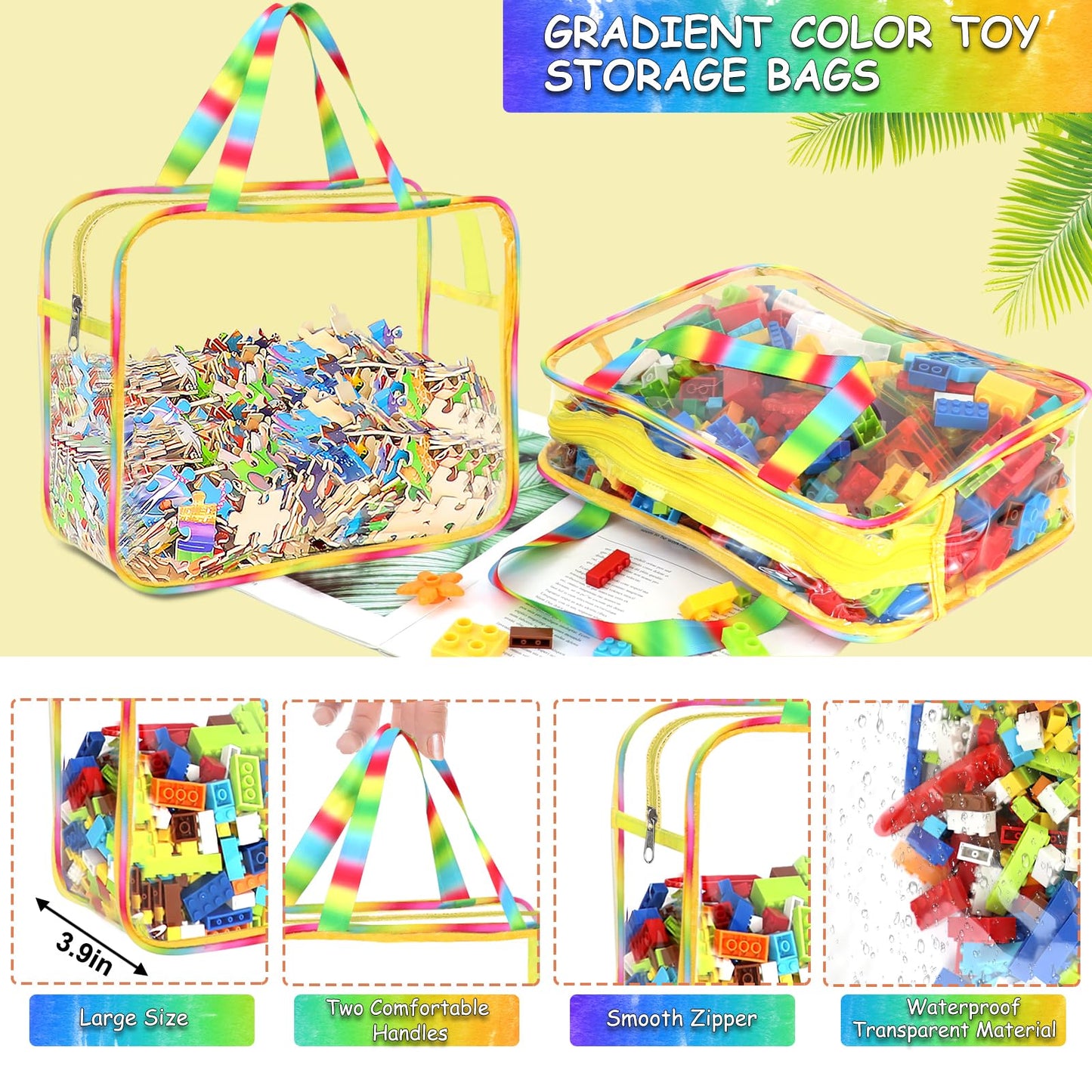 6 Packs Large Toy Storage Bags with Labels, Reusable Clear PVC Board Game Storage, Travel Waterproof Organizer Bags with Zipper Large Capacity (Gradient Color)