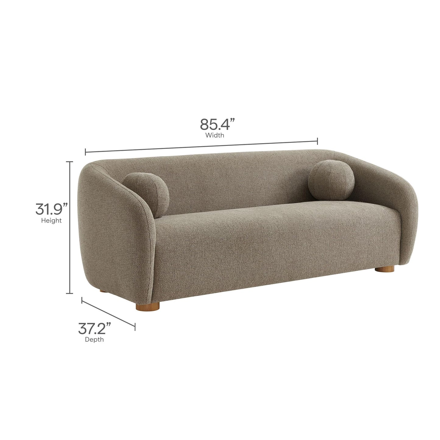 Modway Holland 85 Inch Minimalist Curved Back Sofa in Taupe – Chenille Fabric Sofa with Ball Throw Pillows and Wood Feet – Modern 3-Seater Couch for Living Room