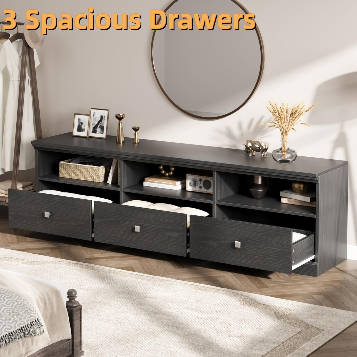 IDEALHOUSE 70in TV Stand for TVs up to 80", Mid Century Modern Entertainment Center with Storage Drawer and Open Shelves, TV Console Media Cabinet for Living Room, Bedroom, Black