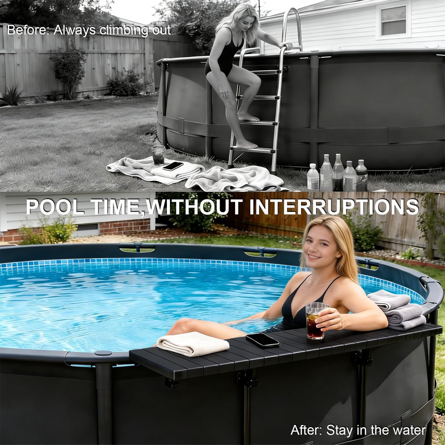 CHENG RONG Swim Up Bar Table for Above Ground Pools - 49.4"×9.6" Galvanized Iron Black Pool Shelf, Holds 110lbs, Fits Top Rails of 4.48" or Less, for Round/Oval/Frame Swimming Pools