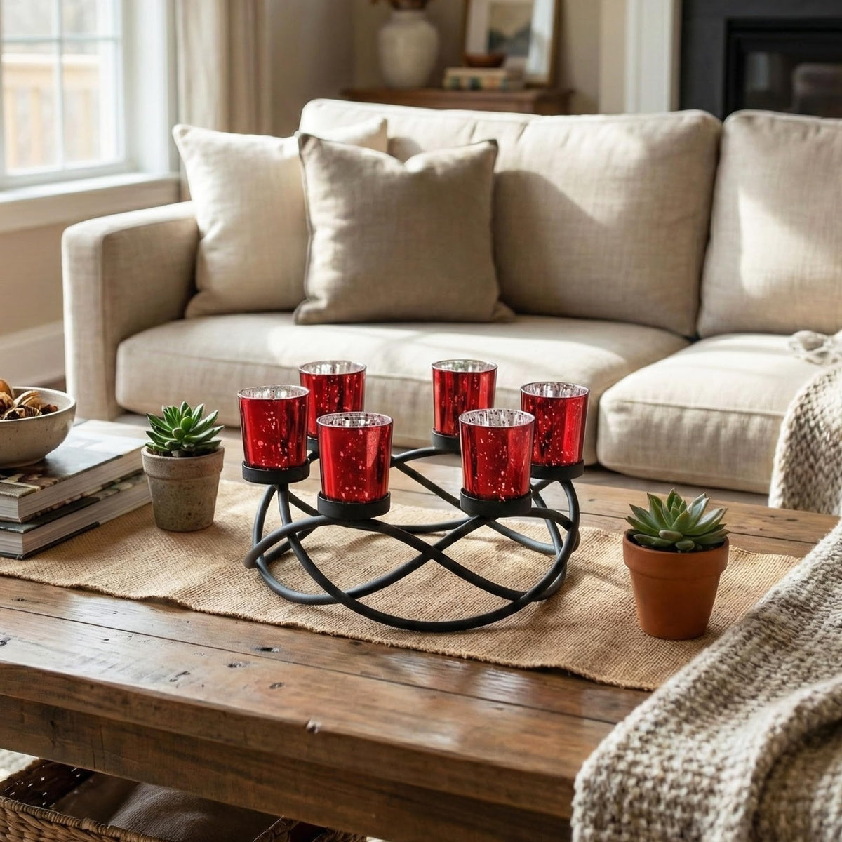 Seraphic Centerpieces for Table Decorations - Round Candle Holders for Outdoor Patio, Dining, Kitchen, Coffee & Wedding Table Decor, Black Iron Candelabra, 6 Red Glass Votive Tealight Cups