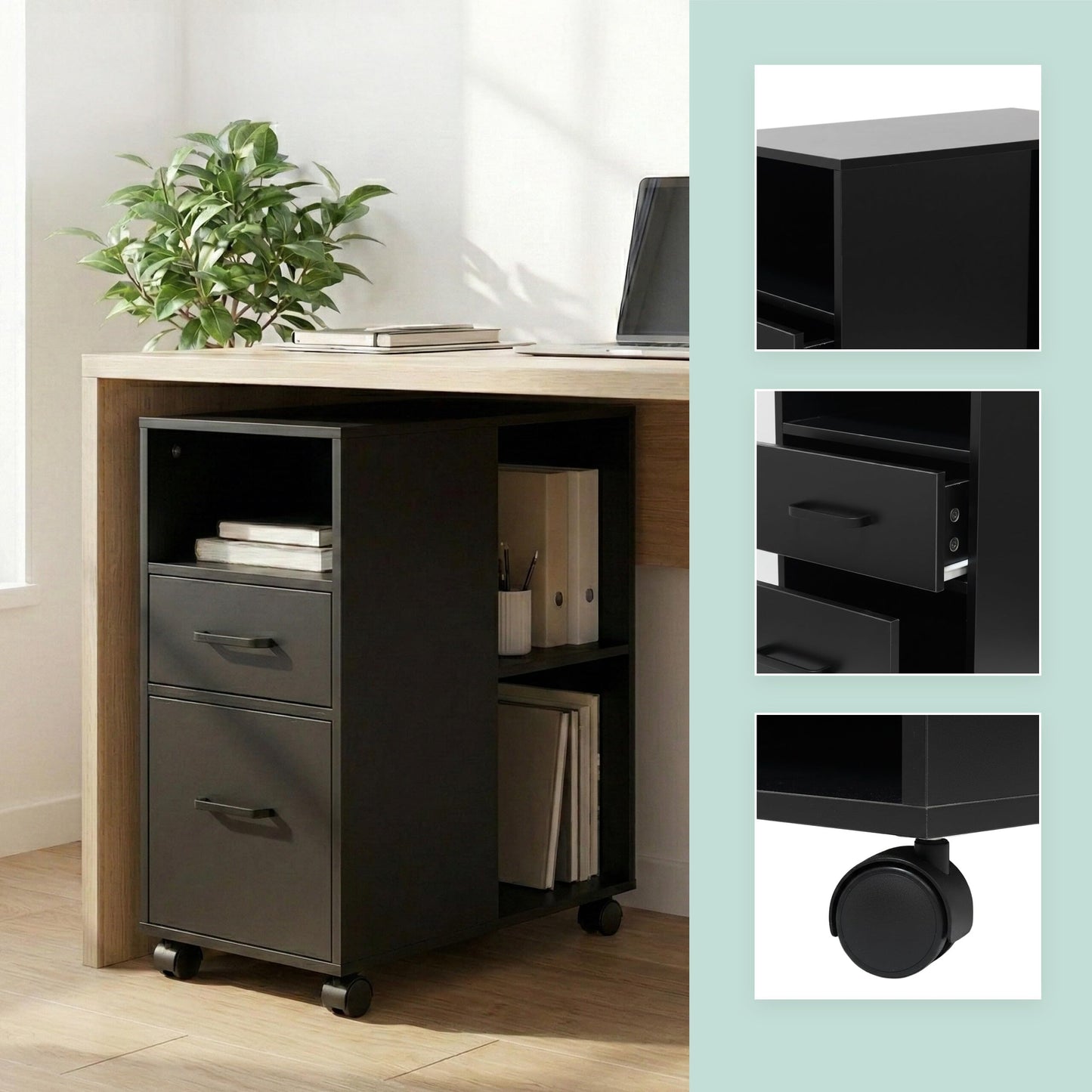 Relaxdays Mobile Pedestal with 2 Drawers and 3 Compartments, MDF, 65x30x60 cm, Black