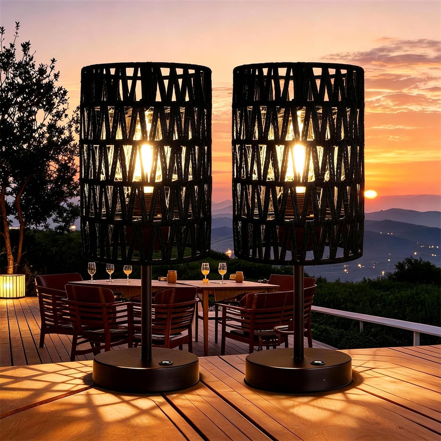 ALL FORTUNE Boho Cordless Outdoor Table Lamps, Rechargeable Battery Operated Rattan Table Lamps, Stepless Dimmable, for Covered Patio, Porch, Gazebo, Living Room, Bedroom Decor- Set of 2 (Black)