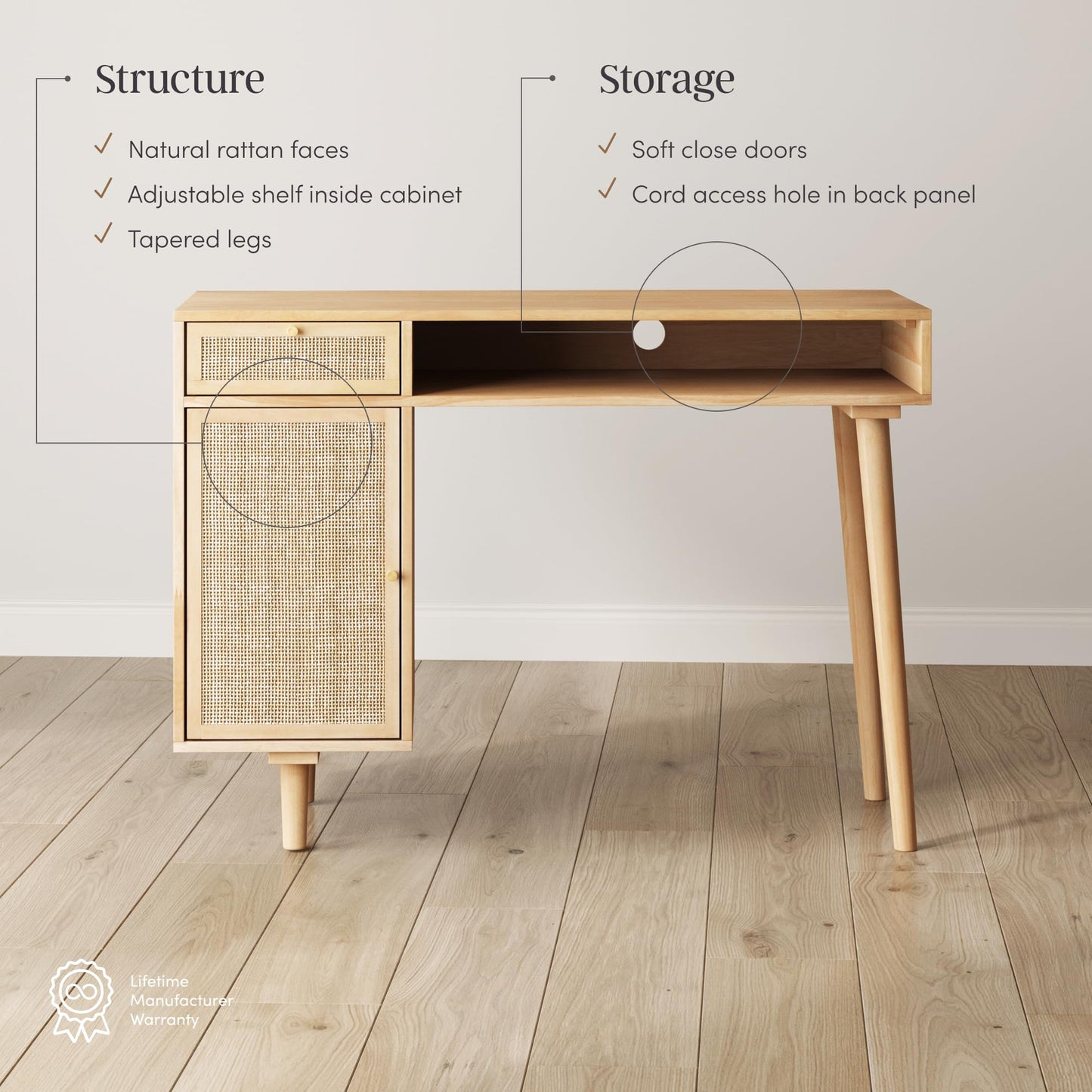Nathan James Aaron Modern Desk with Storage, Natural Rattan Table with Square Webbing and Gold Accent Knobs, Natural Brown