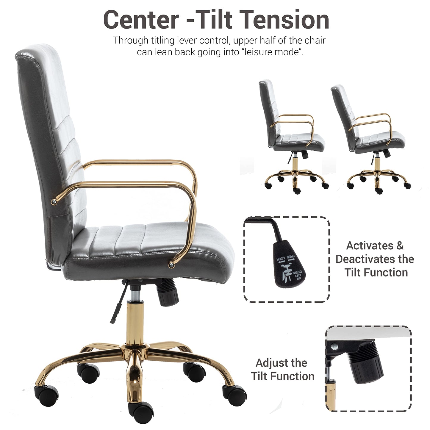 BTEXPERT Gray Faux Leather Adjustable Home Office Golden Arms Exectuive Chair High Back Manager Desk Armchair Tilt Lumbar Support, Grey (5162GY)