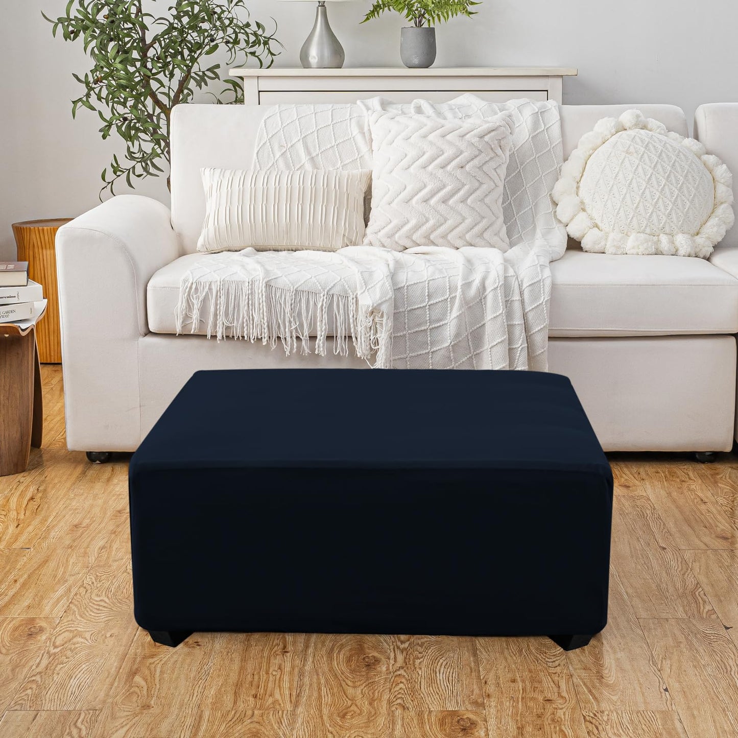 UOIJAY Super Stretch Ottoman Cover- Soft Form Fit Ottoman Cover Rectangular Ottoman Slipcovers for Folding Storage Furniture, Footstool Cover with Nonslip Elastic Bottom (Large, Navy)