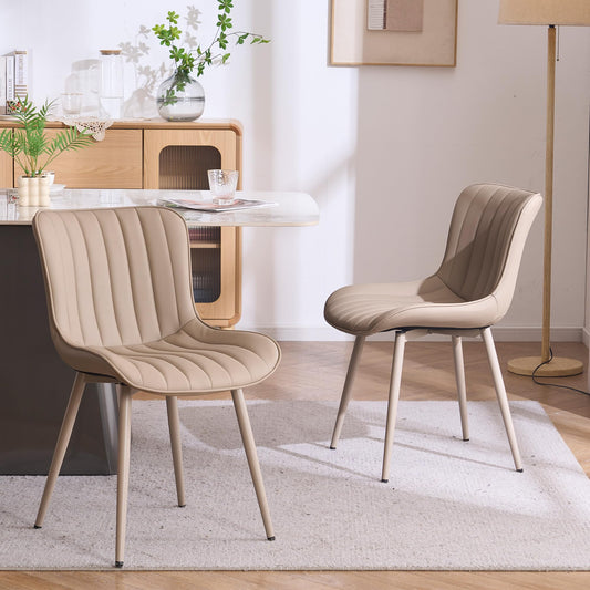 YOUNUOKE Mid-Century Modern Dining Chairs Set of 2, Khaki PU Leather Upholstered Kitchen Chairs with Khaki Metal Legs, Armless Accent Chair for Dining Room, Guest Reception Room