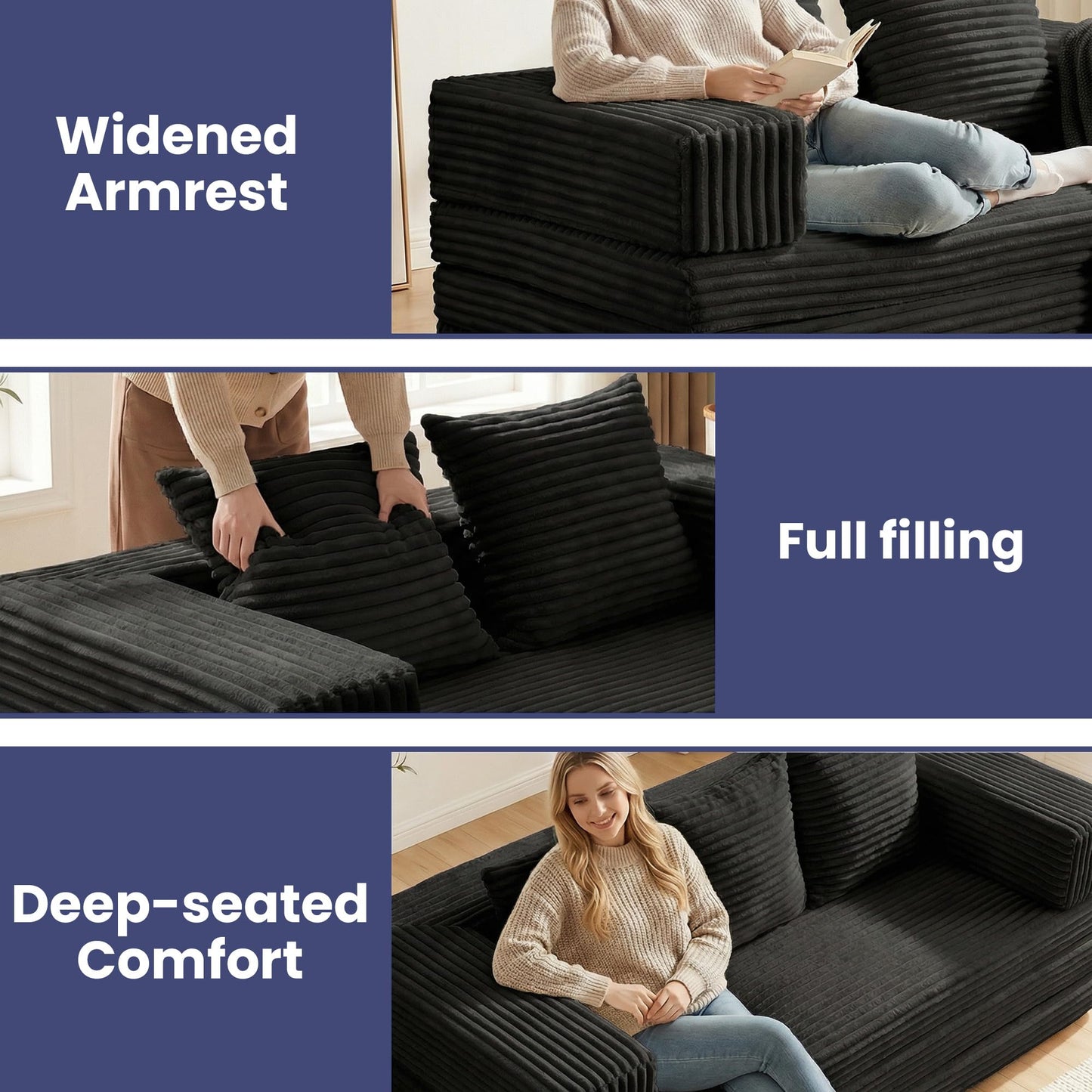 Winzoo Convertible Sofa Bed, 4-in-1 Boneless Loveseat with Removable Armrests Backrest, Corduroy Futon Couch Bed with Pillow, Foldable Mattress Sleeper Sofa for Living Room Bedroom Small Place (Black)