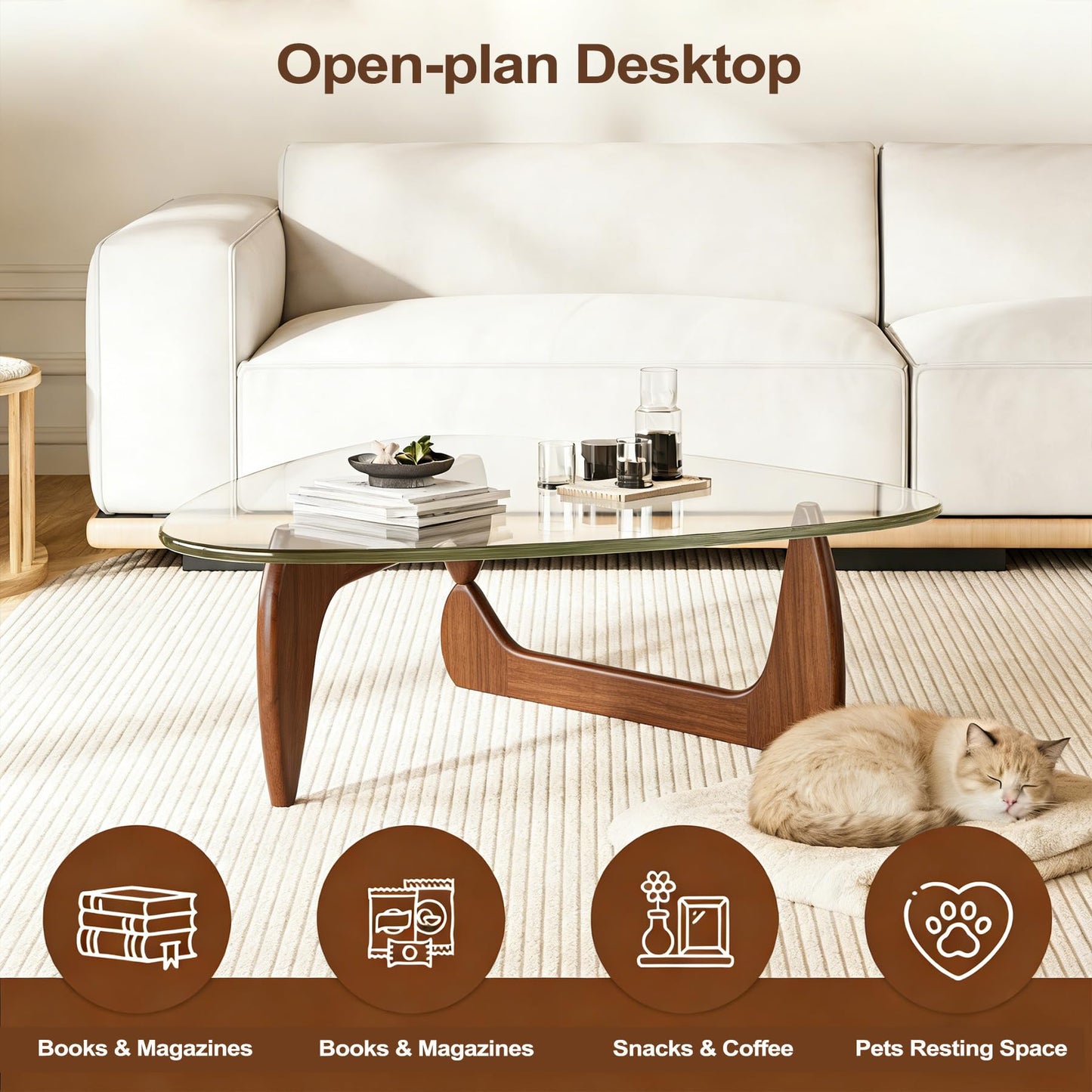Modern Coffee Table for Living Room Retro Center Table with Wood Base & Triangle Brown Glass Top Abstract Noguchi Coffee Tables for Home Office 112