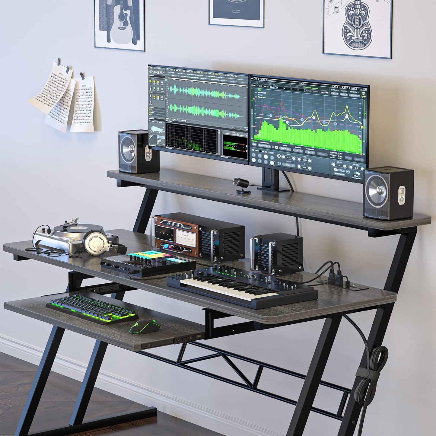 Armocity Music Studio Desk, Music Production Workstation with Power Outlets, Recording Studio Table Desks Music Producer for Home, Grey Oak