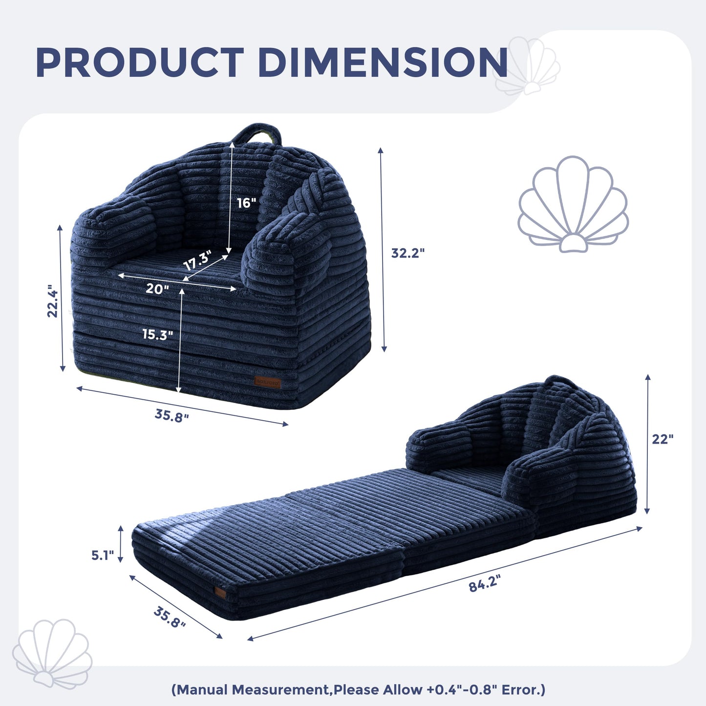 MAXYOYO Folding Sofa Bed, 2 in 1 Convertible Sofa to Lounger Comfy Faux Fur Bean Bag Chair for Adults, Floor Single Couch Chair with Handle, Couch Bed for Living Room Bedroom, Navy