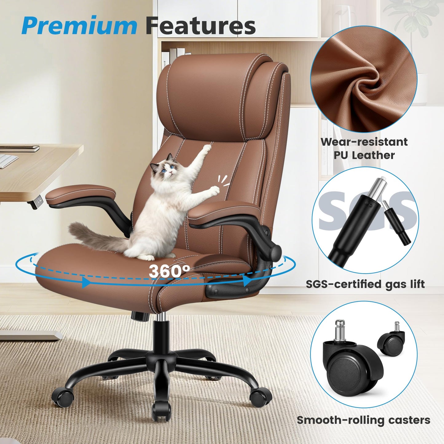Stella Mia Ergonomic Office Chair – High Back Leather Desk Chair with Adjustable Lumbar Support & Flip-Up Arms, Premium Padded Seat for Home Office Desk, Brown