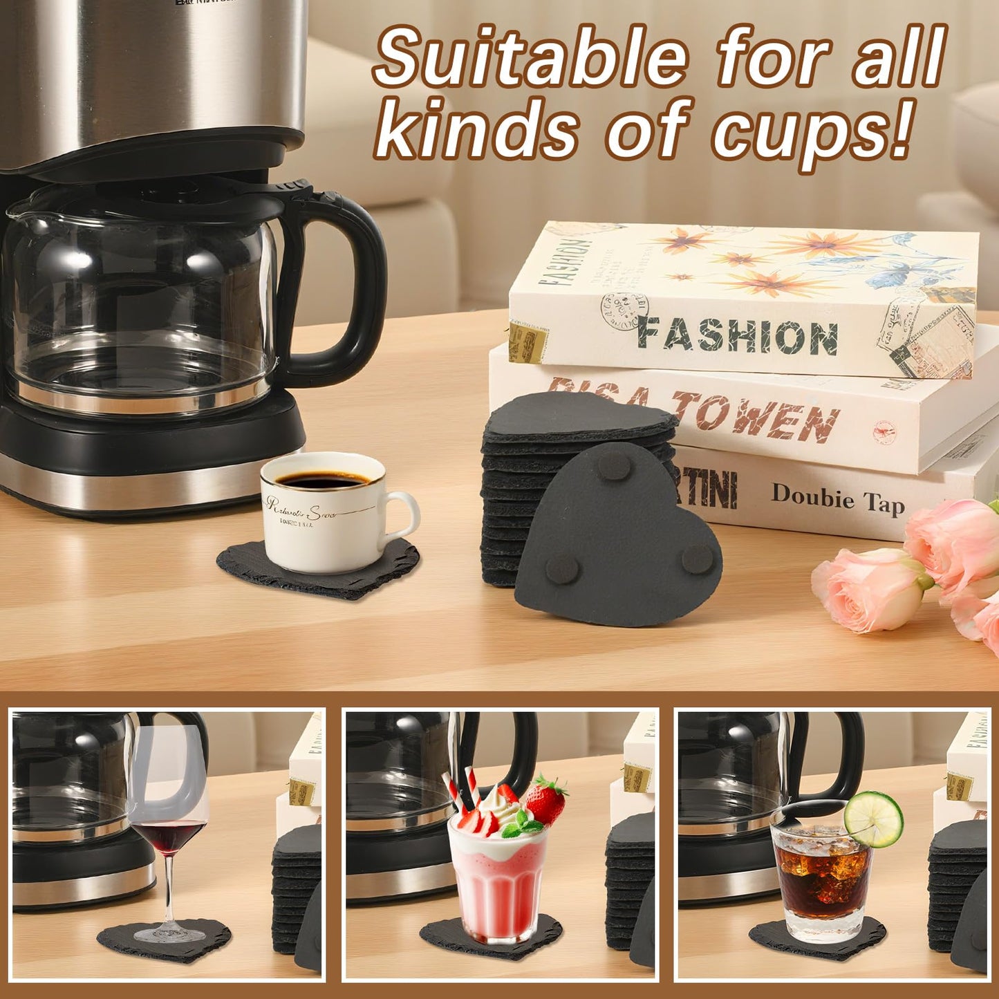 24 PCS Slate Drink Coasters Bulk,4 Inch Black Slate Stone Coasters for Office, Home Decor,Laser Engraving Blanks with Anti-Scratch Bottoms for Coffee Bar Kitchen Heart