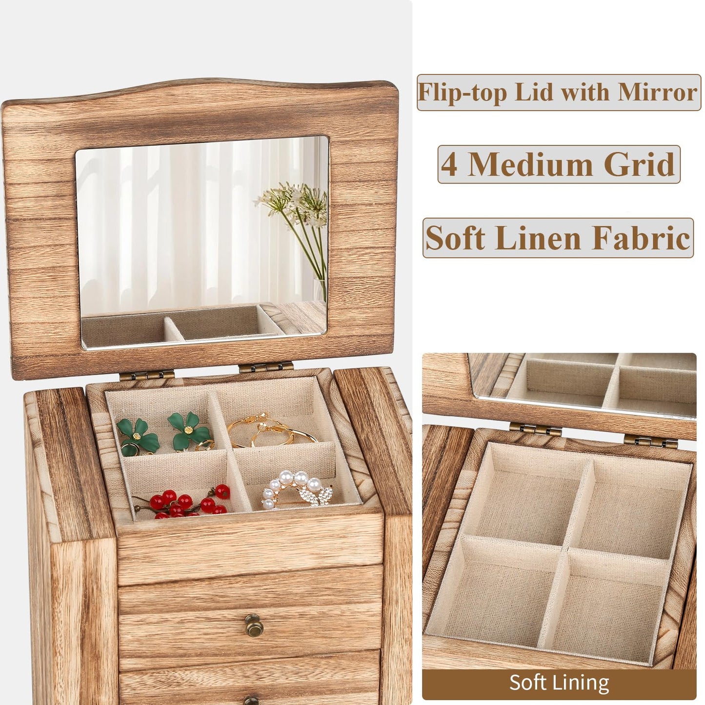 Meangood Jewelry Box Jewelry Organizer, 5-Layer Wooden Jewelry Organizers and Storage Boxes for Women Girls, Ring Earring Bracelet Necklace Holder Organizer with Mirror & Drawers (Carbonized Black)
