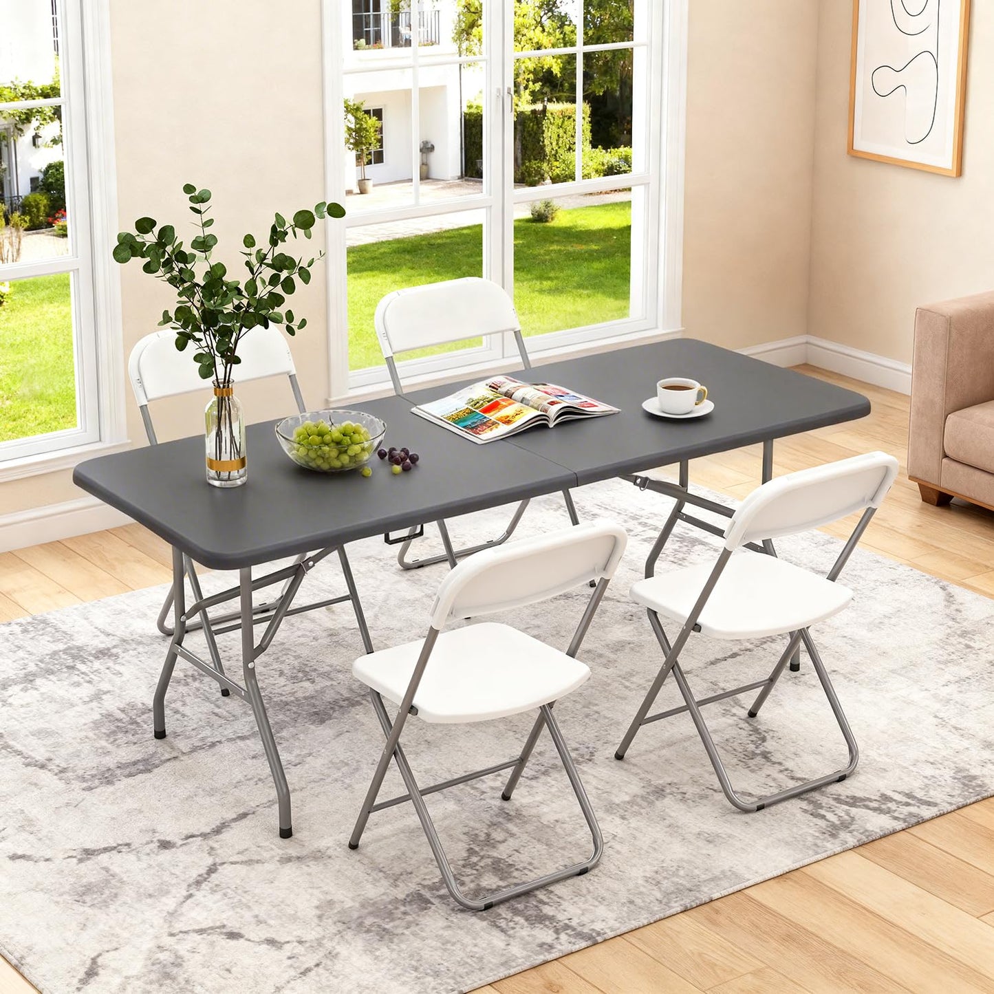 BestOffice 6 FT Picnic Table, Portable Plastic Folding Table with Carrying Handle Perfect for Picnics, Parties, Party and Camping, Grey
